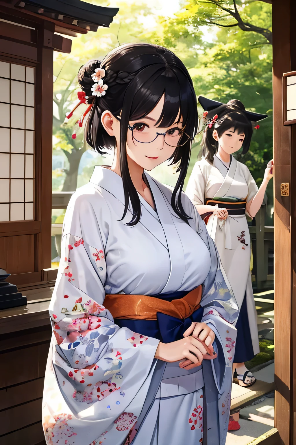 highest quality、High resolution、detailed background、cute10代の美少女、(two women:1.3)、brown hair、bob cut、(huge breasts:1.3)、realistic、perfect body line、Floral embroidered panties、floral embroidered bra、Glasses、Calm atmosphere、Looks neat、cowboy shot、
Keep sleeves, typical shrine maiden's kimono, Gives a gorgeous and formal impression.、
The soft colors and floral design create a cute impression.、
Keep sleevesに合わせる帯は華やかさと巫女らしさを引き出すアイテムです.、
It is a good idea to choose an obi with a cute floral pattern or decoration on the tightening part.、
Shrine maiden'The costume has a collar decoration called a maeita.。.、
Choose a front with a cute ribbon or flower motif.、
You can choose cute geta or zori sandals for the shrine maiden'footwear.、
Something brightly colored、We recommend designs with small ribbons or flower decorations at the feet..、
You can also add cute accessories、
Pins and hair bands with flower and ribbon motifs、
Shrine maidenらしいアクセサリーを選んでみてください.、
Arrange your hair in a shrine maiden style such as a bun or braid..、
In makeup, to give a healthy impression、Natural skin tone and soft cheeks recommended.、
Meiji Shrine in Tokyo、This is a shrine dedicated to Emperor Meiji and his achievements during the Meiji era.。.、
Vast grounds and beautiful forest, You can enjoy the atmosphere of a traditional Japanese shrine.、
Shrine maiden guides the worshipers and explains the rules and etiquette of the shrine.、
Shrine maiden also manages and cleans the shrine.、Maintaining the beauty and cleanliness of the shrine through maintenance and cleaning of the precincts、cute