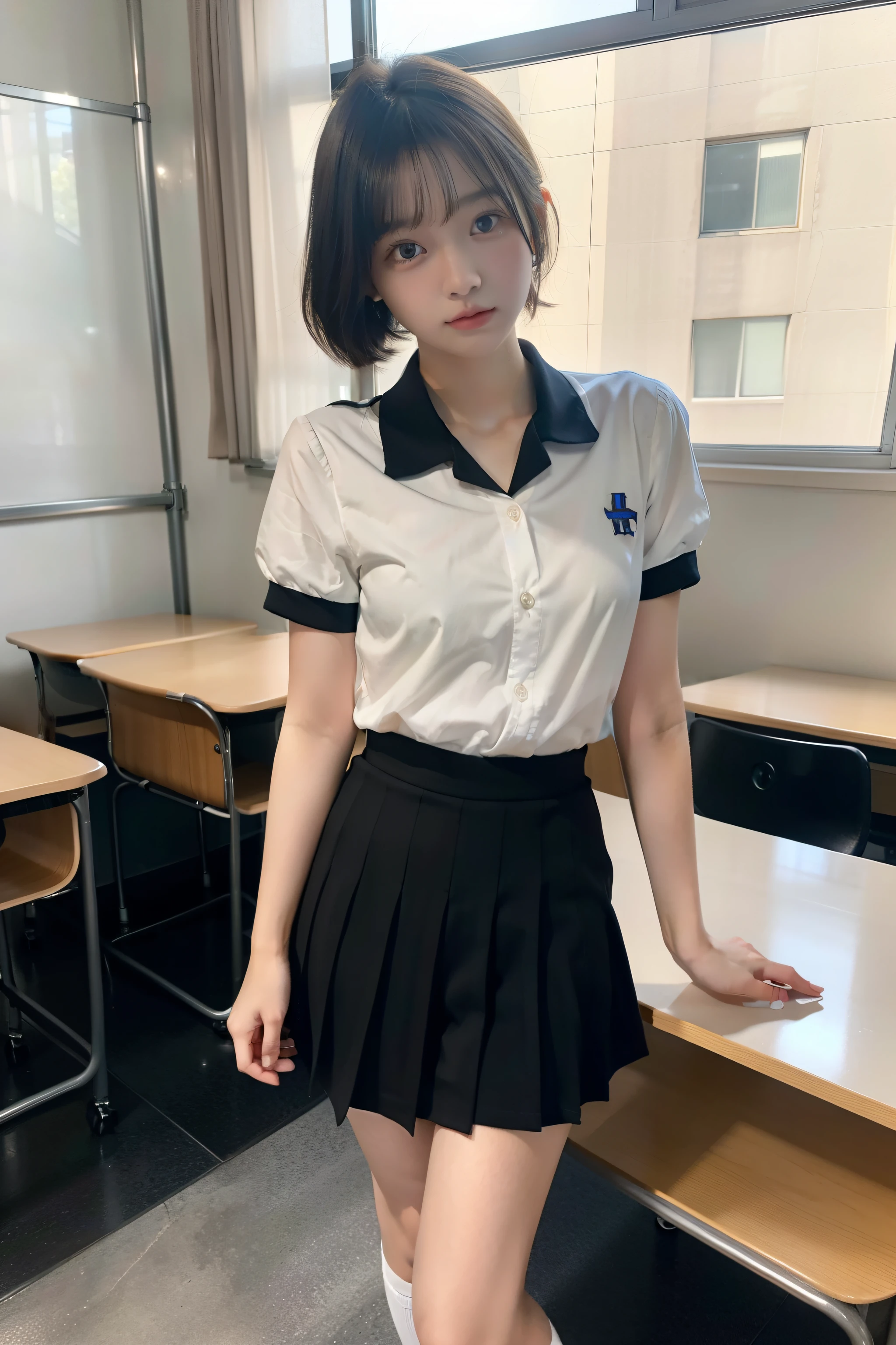 masterpiece,highest quality,(超High resolution: 1.0), eye for detail, RAW image, 4k,High resolution,1 girl,Japanese, face, , round face, high ,high school classroom, short hair,Standing in nature,looking at the viewer,tear up_superior,(nipple:0.5),barefoot,