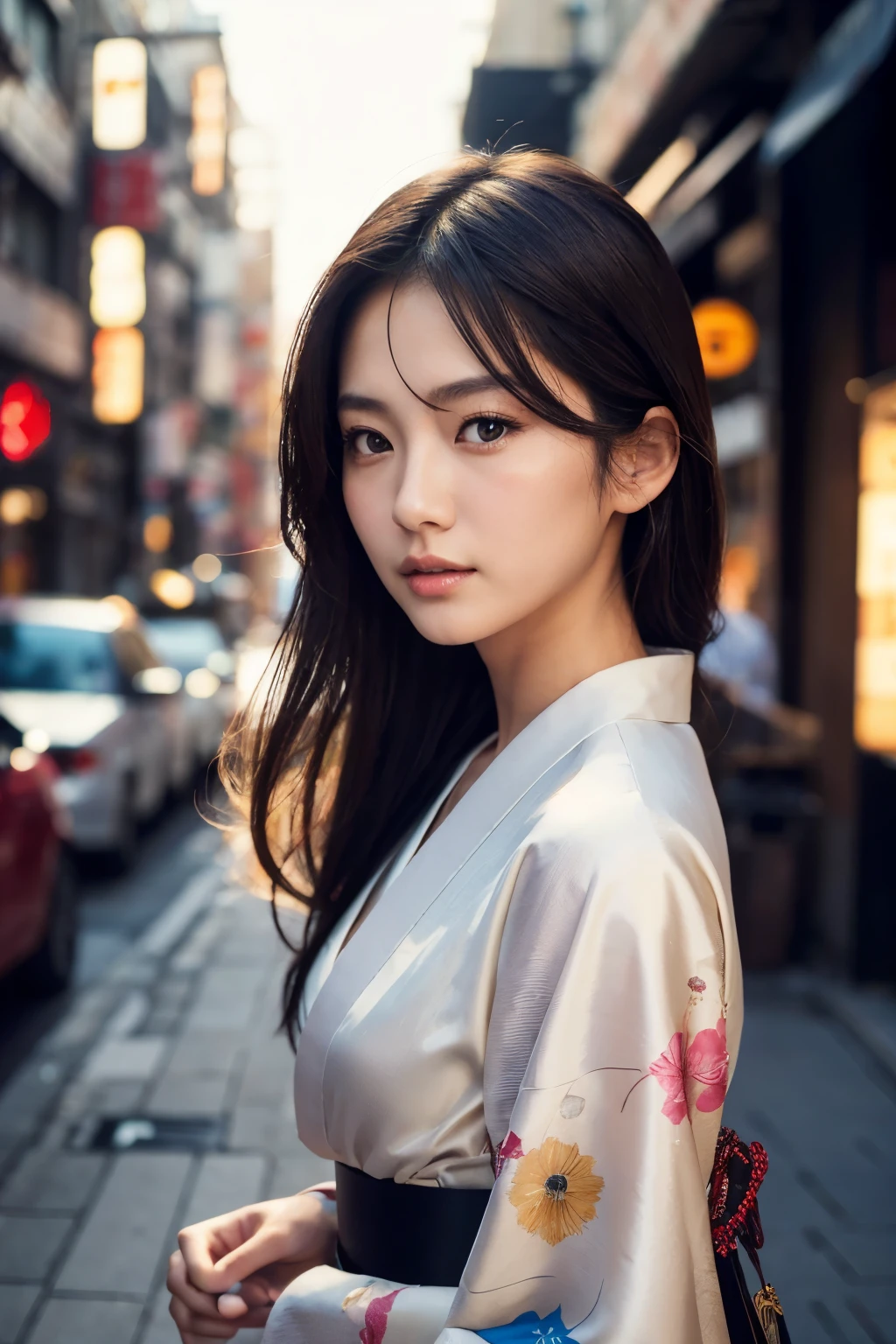 Beautiful Japanese supermodel woman, A lock of hair with slight highlights, black eyes, Sexy,street background,Gorgeous kimono , Liquid color flows across her face, Shooting against the light,Perfect facial lighting,mixed media