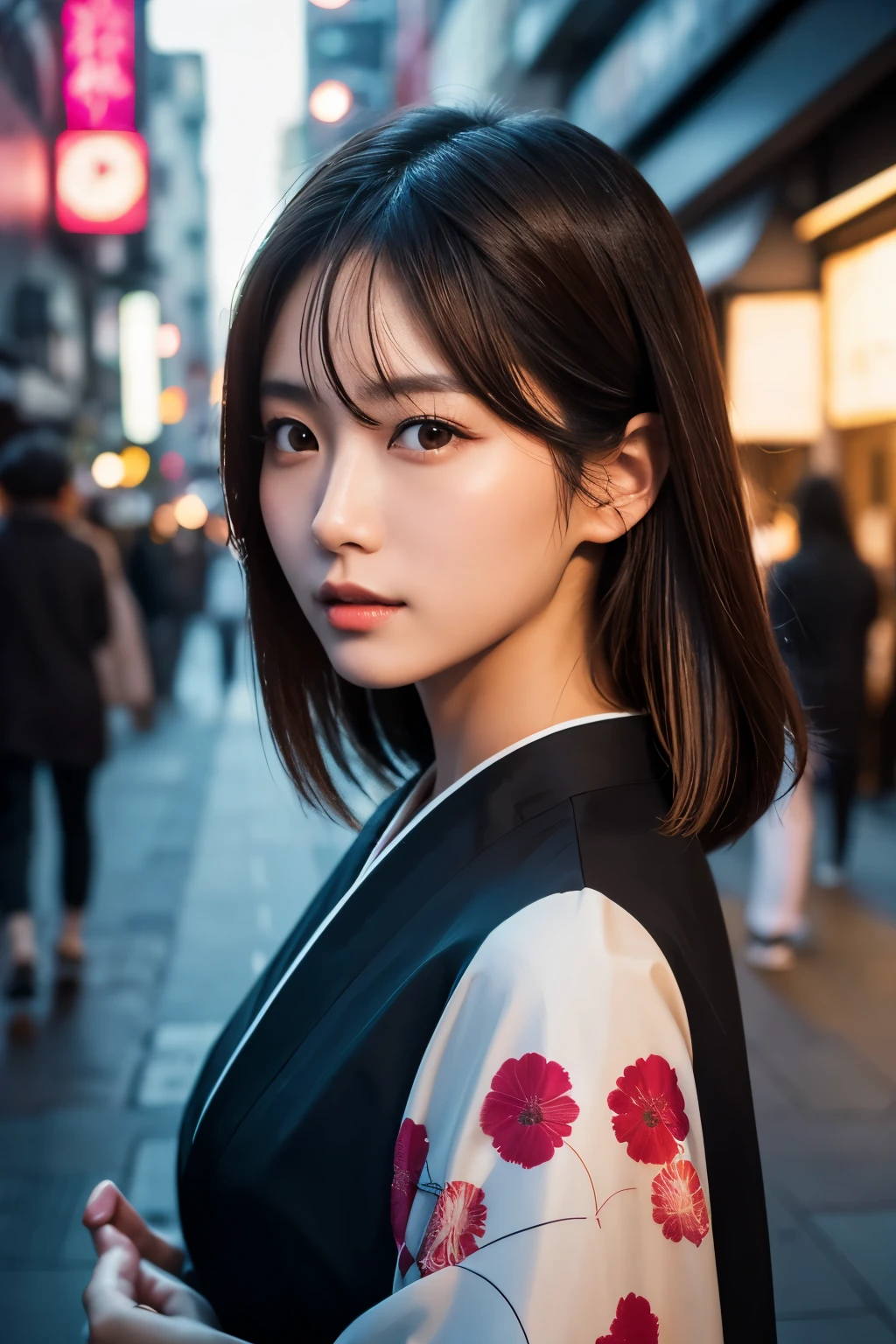 Beautiful Japanese supermodel woman, A lock of hair with slight highlights, black eyes, Sexy,street background,Gorgeous kimono , Liquid color flows across her face, Shooting against the light,Perfect facial lighting,mixed media