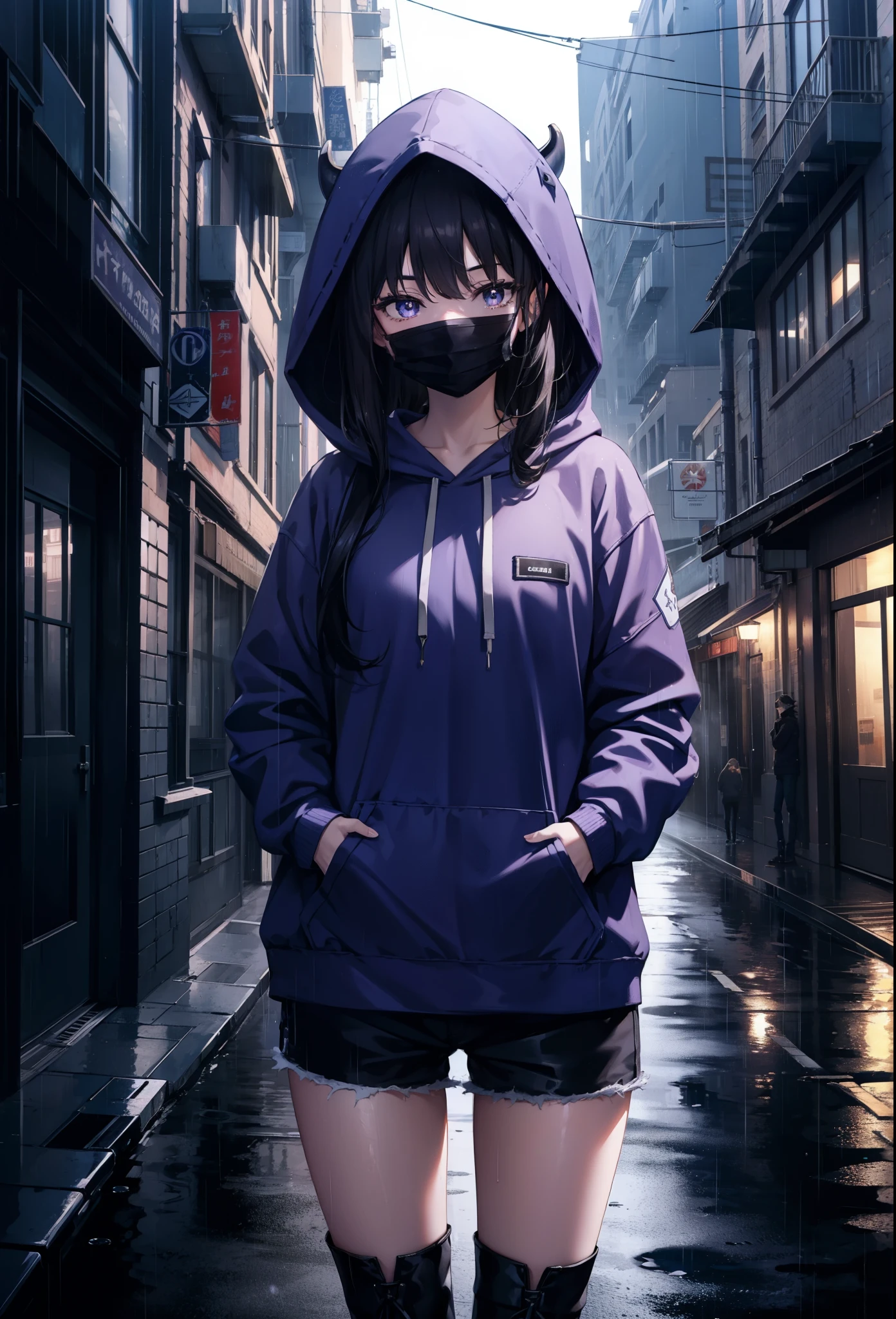 Takiuchi Kame, check it out, long hair, bangs, black hair, (purple eyes:1.2),oversized blue hoodie,hood up,Cover your mouth with a blue mask,shorts,white tights,short boots,it&#39;s raining,cloudy sky,puddle,In town,building street,Both hands are in the pockets of the hoodie,
break looking at viewer, (cowboy shot:1.5),
break (masterpiece:1.2), highest quality, High resolution, unity 8k wallpaper, (figure:0.8), (detailed and beautiful eyes:1.6), highly detailed face, perfect lighting, Very detailed CG, (perfect hands, perfect anatomy),