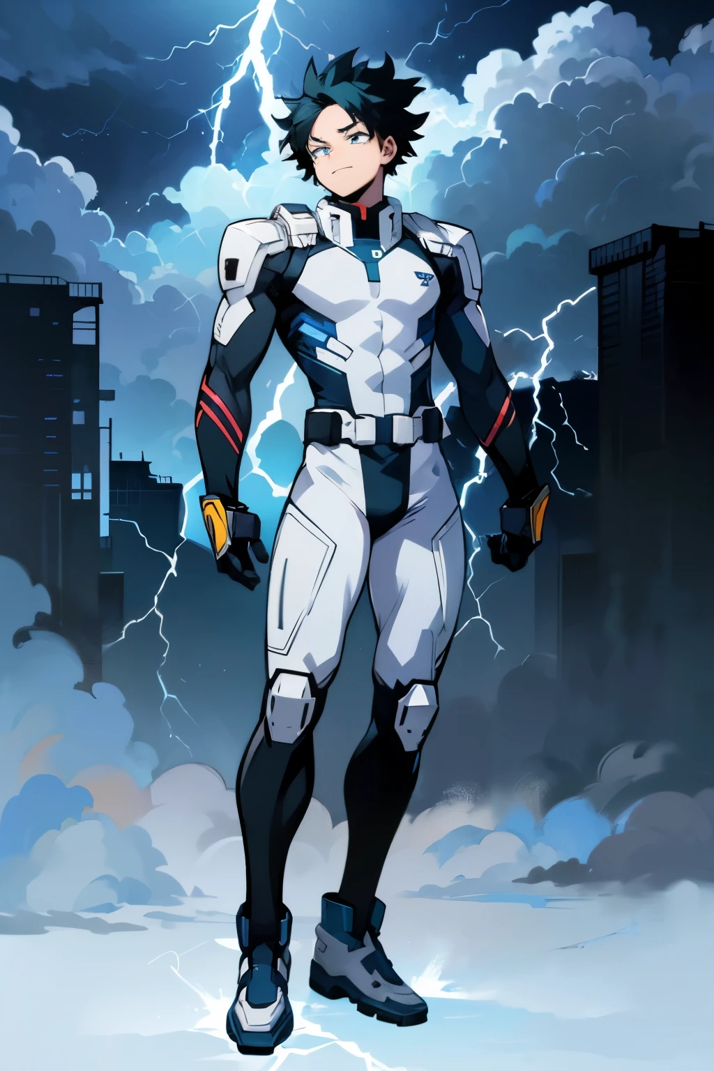 My Hero Academia style, anime boy, male, young male, trending on artstation pixiv, (full body shot:1.5), short hair, black hair, blue eyes, glowing eyes, hero suit, full body suit, white and blue color suit, blue lightning around, blue lightning, lightning around, perfect hands, Perfect anatomy, Super Detailed,