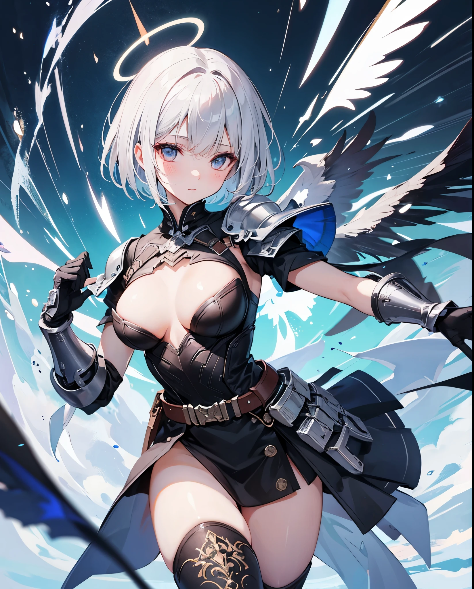 fantasy, 1angel_girl,young_, ,silver_hair, short_hair, long_bangs, halo,bare_shoulder,thighhighs,silver_armor, waist_armor, large_breasts,sleepy,half_eyes,1pair_wings, dynamic_pose_fighting,floating, bare_crotch, headgear,gauntlet, greaves,city_background,slightly_spread_legs, solo, groin_naked,