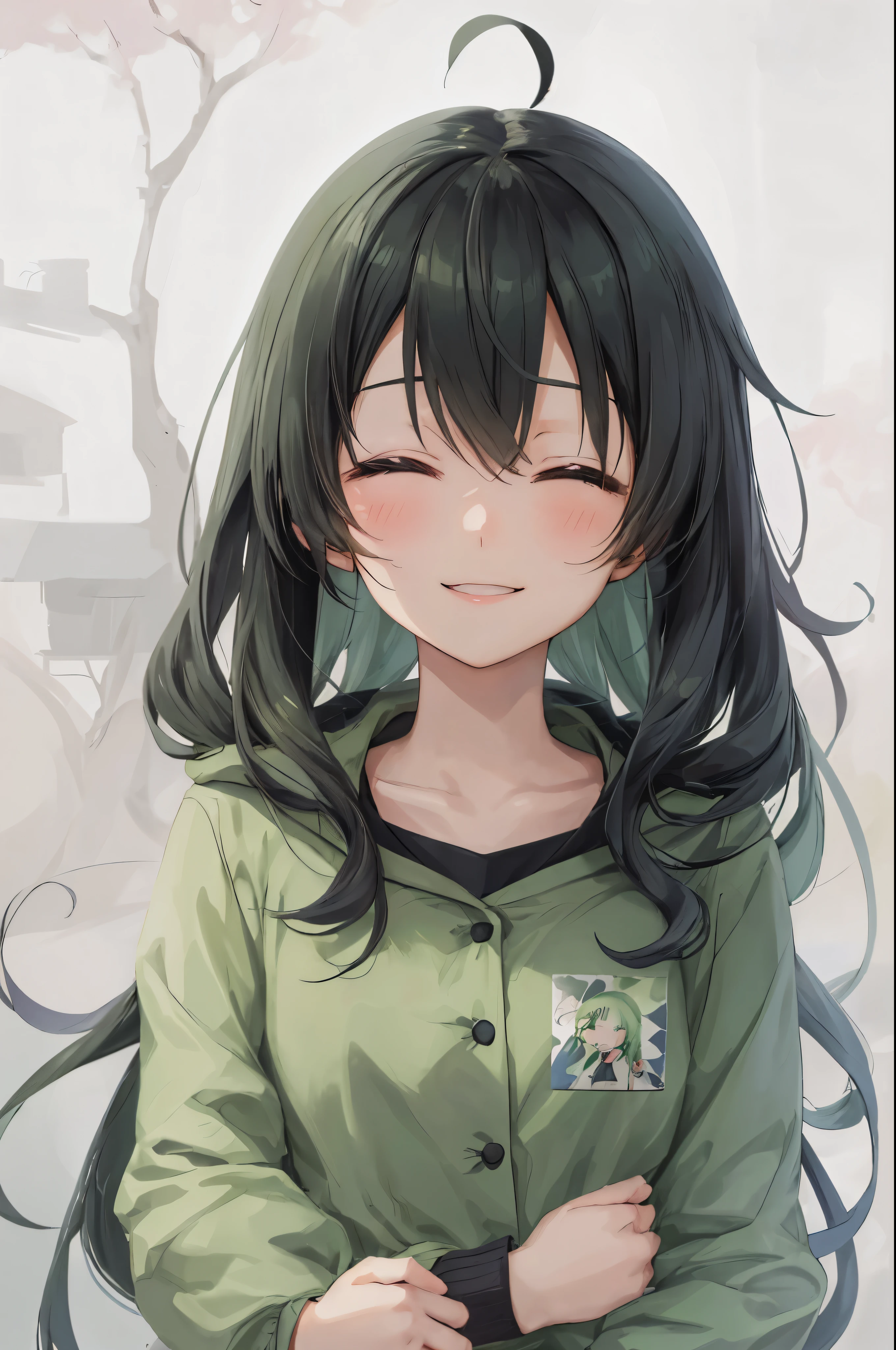 anime girl with long black hair and green jacket, anime moe artstyle, cute anime face, closed eyes, anime visual of a cute girl, anime style portrait, kantai collection style, [[[[grinning evily]]]], cute natural anime face, made with anime painter studio, an anime girl, cute anime girl, kawaii realistic portrait, extremely cute anime girl face