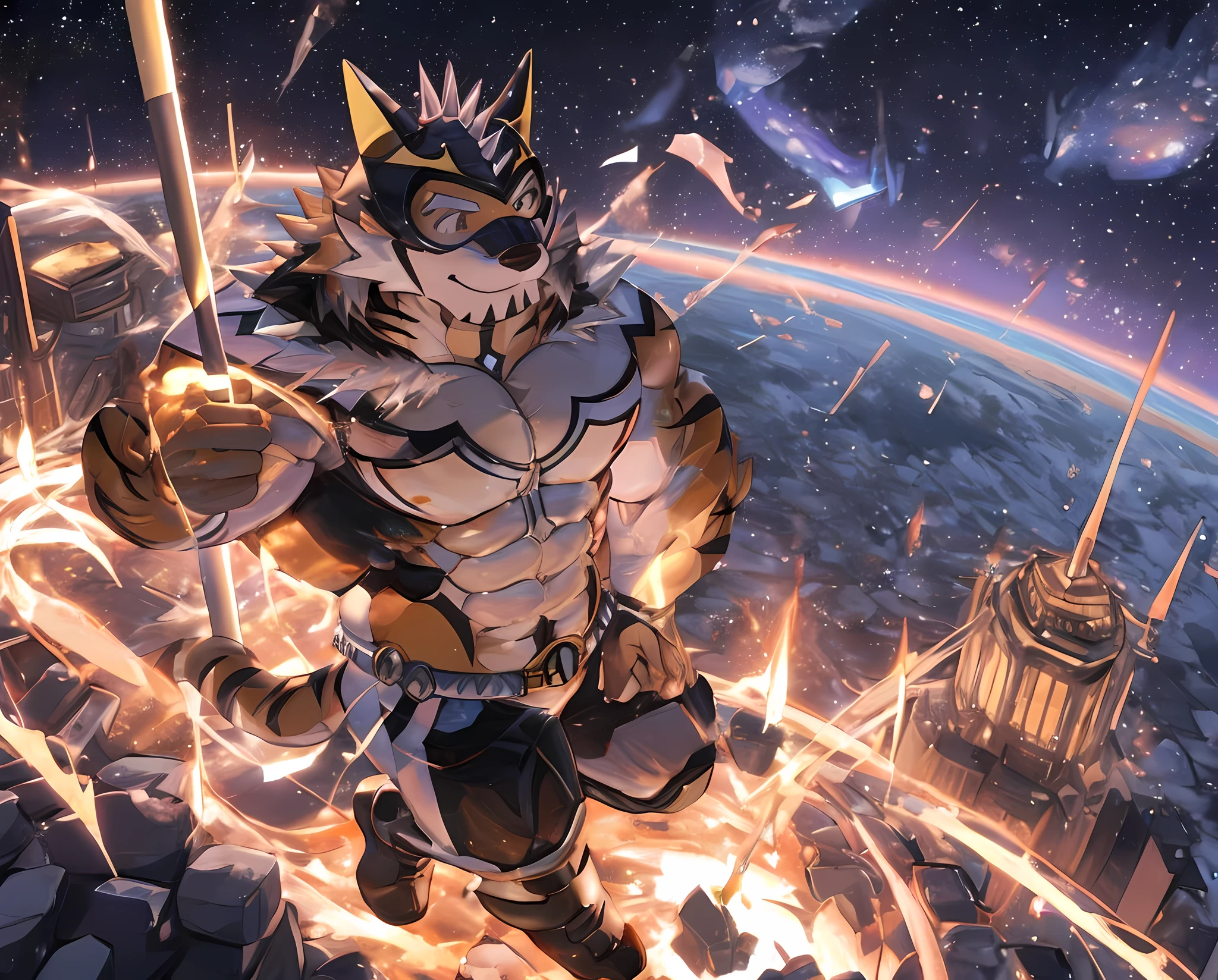 Anthropomorphic, (Solo), Ryekie, Single, Male, Muscle, Lonely, 45 years old, in King clothes, airplanes ship, Perfect scaling, Masterpiece, High Definition, Best Drawing, by Nullghostart, many People, in the tower alone watching from above, Embrace the Sky, Stargazing, Beautiful atmosphere, Lighting, on the space, Reaching the stars