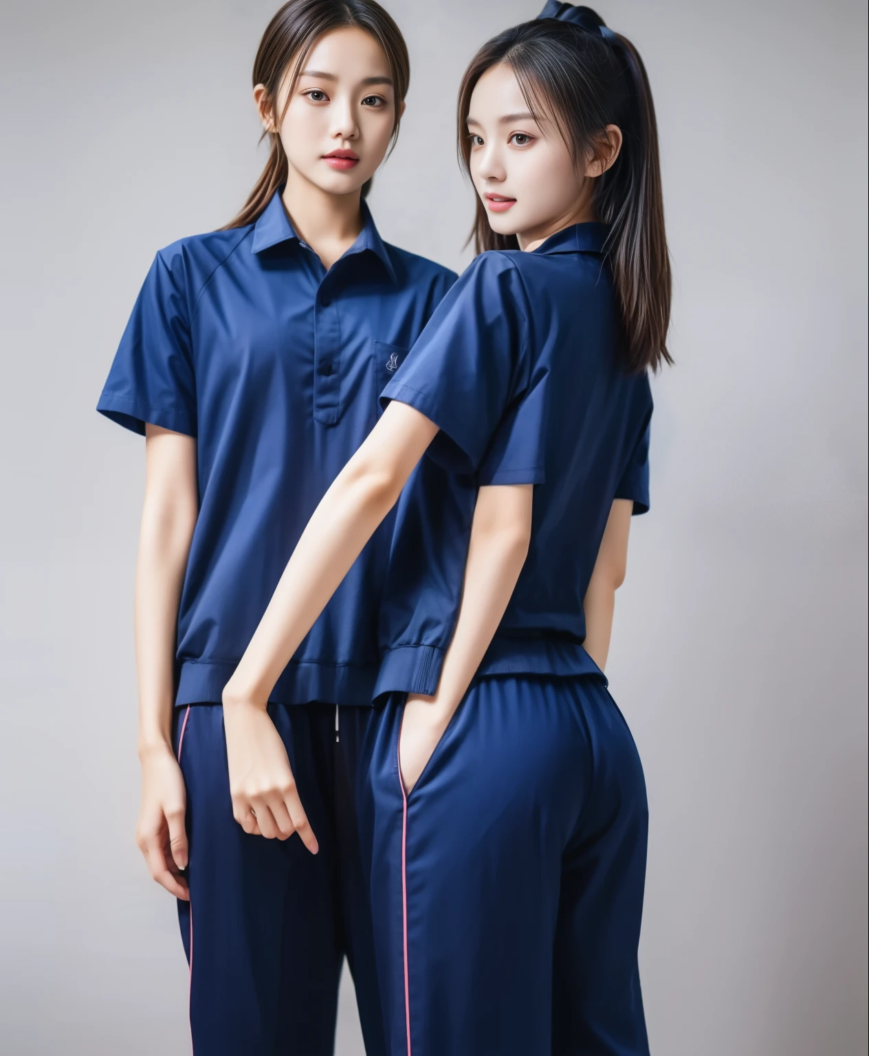 (best quality,10,10,height,Masterpiece:1.2),Special details,(realistic,ภาพrealistic,Realistic photos:1.37),1 Cute girl in the kitchen,shiny, ผิวshiny,only,smile softly,BDclothelue shirt:1.3)),short sleeve,shirt, กางเกงขาlong.,(navy_long_track pants:1.1), ((Kitchen Background)),Dynamic angle,excited,Face focus,dynamic poses,from behind,focus on ass,Masterpiece, best quality, ultra realistic, hyper detail, 8k resolution, raw photos, Sharp focus, ((Navy blue shirt:1.1)), short sleeve, เส้นทางlong, perfect body, 2 mature women, 18 years old, Cinema-grade lighting system,blue sweatpants,shirtผ้าออกกำลังกาย,correct anatomy,perfect body, correct body, Sharp face, correct bodyทางกายวิภาค, full body, realistic gestures, long-haired, realistic poses,Wear long shorts...........................,ช่วงขาlong,Good shape,carved girl, Slender figure, model, Good shape, beautiful body,blue sweatpants, two girls kissing