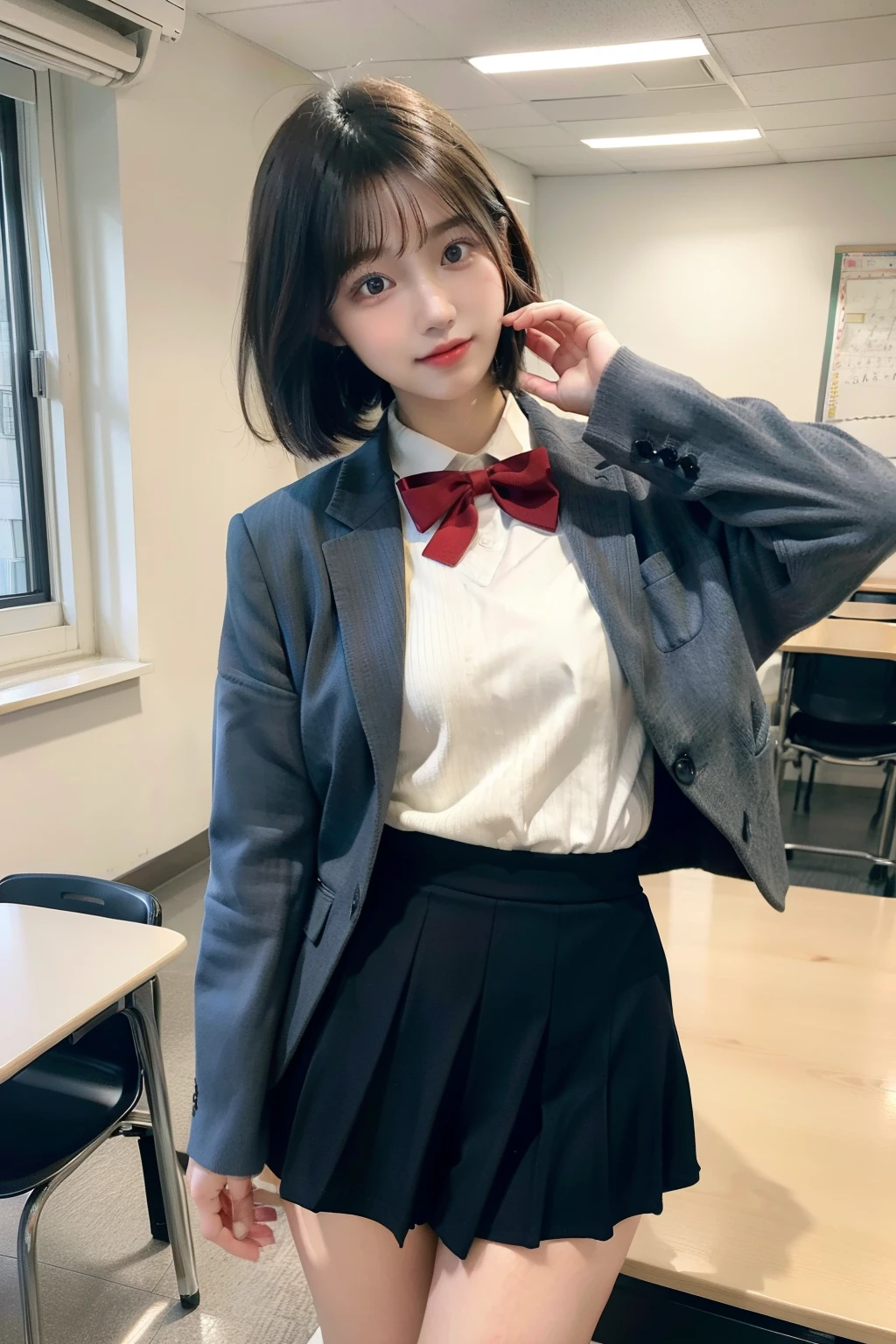 masterpiece,best quality,(Ultra High Resolution: 1.0), detail eye, Raw image, 4K,highres,1girl,japanese,High School Uniforms,high school classroom, short hair,Standing naturally,underwear,take up a skirt,looking at viewer,tearing_up,(nipples:0.5),bare legs,