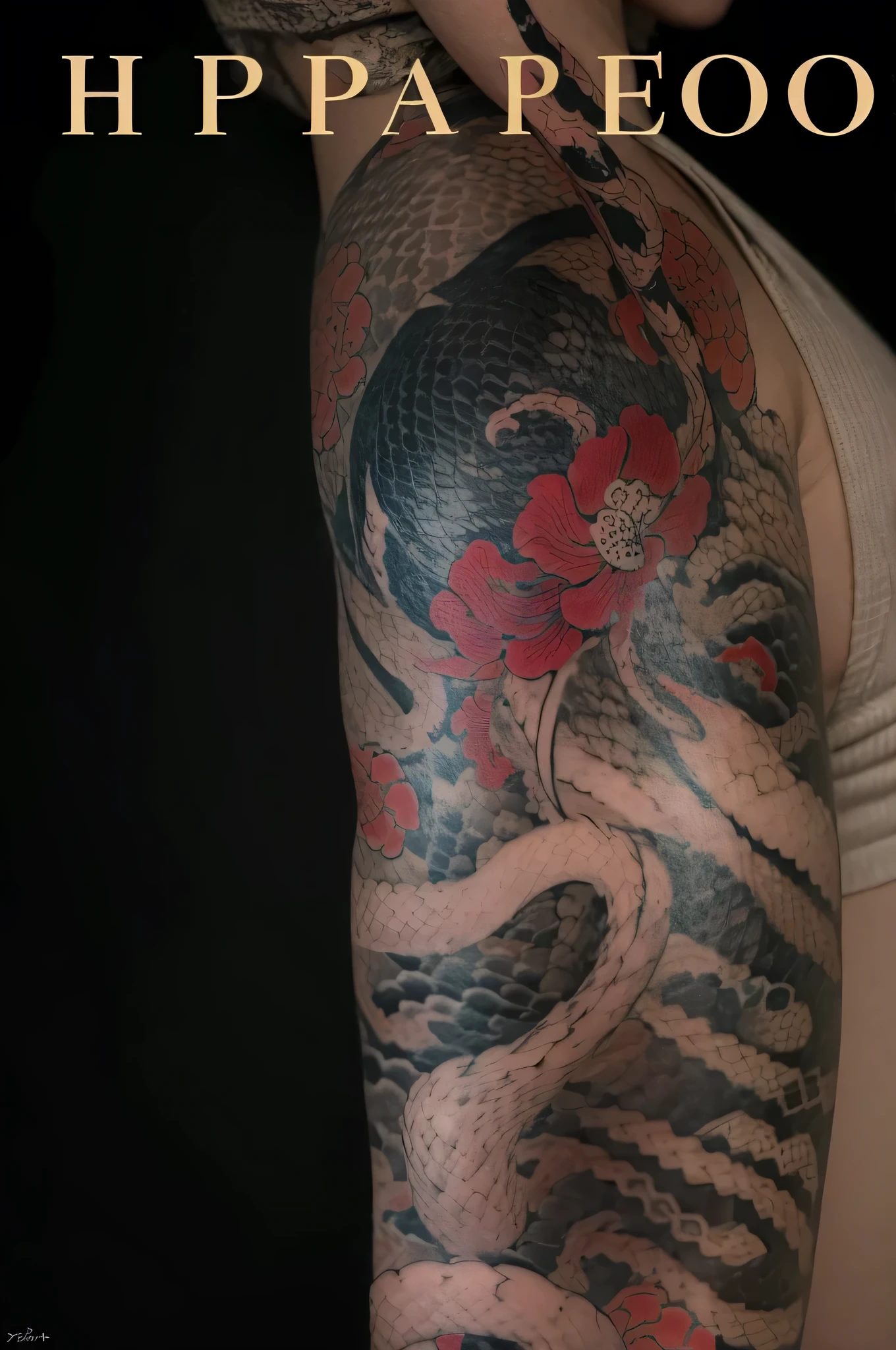 arm tattoo图案特写, Inspired by the works of Ukiyo-e masters, Lower left arm and back, arm tattoo图案, Highly detailed realism, arm tattoo, Add details, Very detailed, mixed with snake, tentacle tattoo, Very sharp and detailed, Tattoo sleeve on her right arm, Detailed Real，Traditional Japanese tattoos，