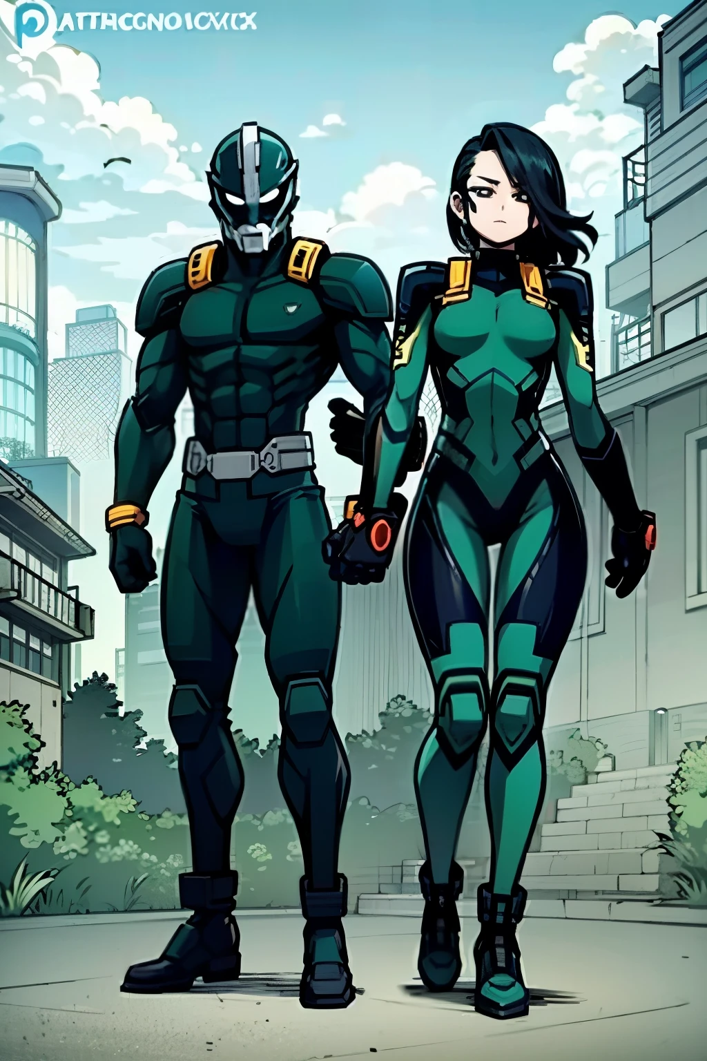 My Hero Academia style, anime boy, male, young male, trending on artstation pixiv, (full body shot:1.5), head covering, helmet, face covering, mask, dark green helmet, green helmet, hero suit, full body suit, dark green suit with yellow and black accents, Perfect anatomy, Super Detailed,
