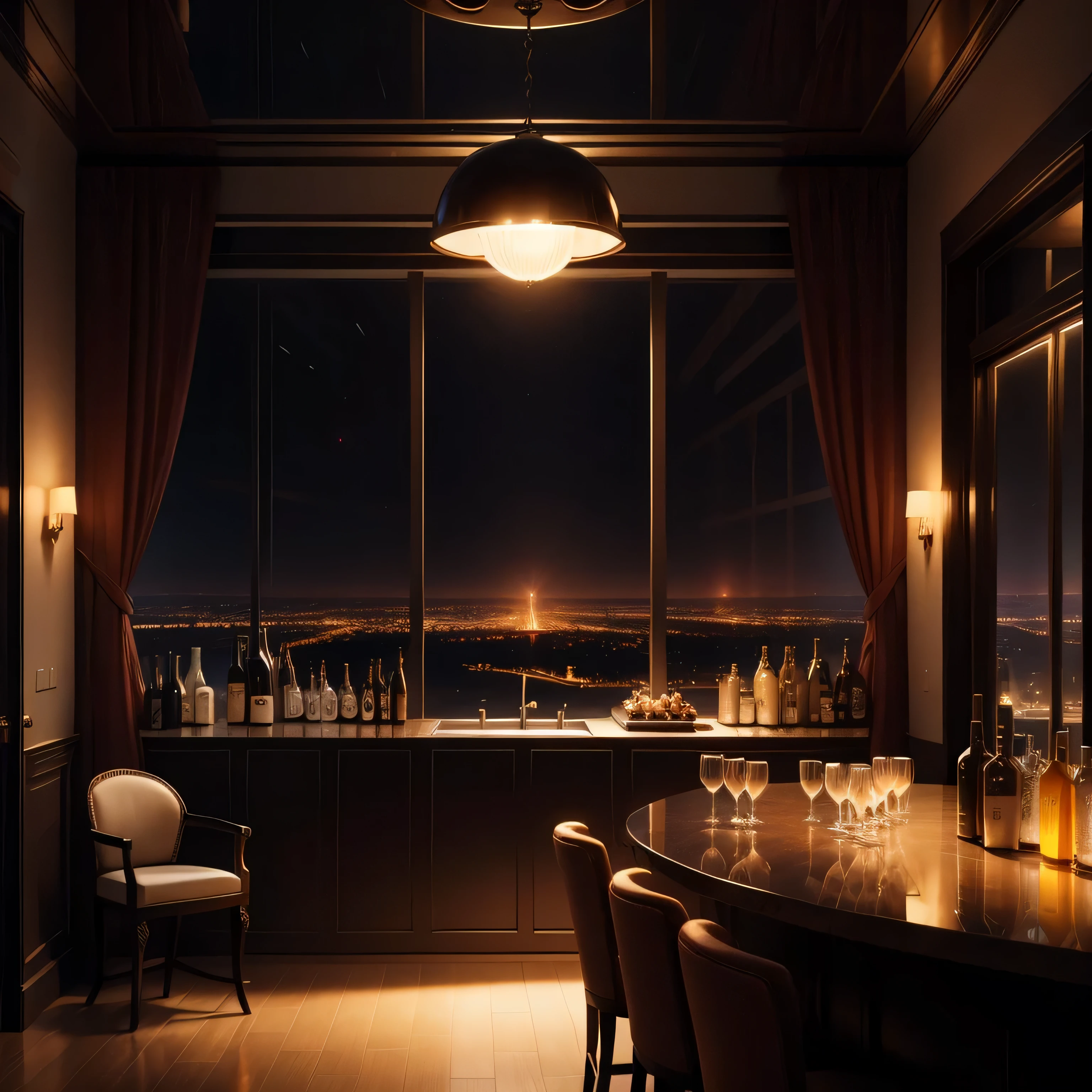 concept art, there are no humans, Elegant and modern night bar interior, drink bottles on the shelf, curtain, Large glass window on the side, night city lights outside the window