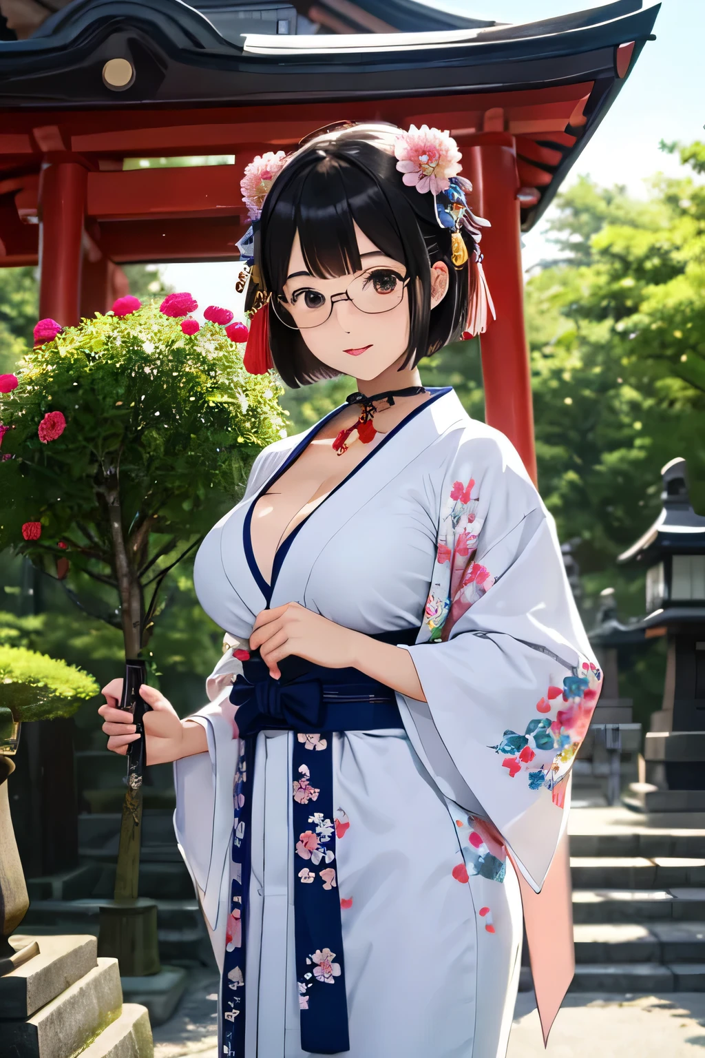 highest quality、High resolution、detailed background、cute10代の美少女、(two women:1.3)、brown hair、bob cut、(huge breasts:1.3)、realistic、perfect body line、Floral embroidered panties、floral embroidered bra、Glasses、Calm atmosphere、Looks neat、cowboy shot、
Keep sleeves, typical shrine maiden's kimono, Gives a gorgeous and formal impression.、
The soft colors and floral design create a cute impression.、
Keep sleevesに合わせる帯は華やかさと巫女らしさを引き出すアイテムです.、
It is a good idea to choose an obi with a cute floral pattern or decoration on the tightening part.、
Shrine maiden'The costume has a collar decoration called a maeita.。.、
Choose a front with a cute ribbon or flower motif.、
You can choose cute geta or zori sandals for the shrine maiden'footwear.、
Something brightly colored、We recommend designs with small ribbons or flower decorations at the feet..、
You can also add cute accessories、
Pins and hair bands with flower and ribbon motifs、
Shrine maidenらしいアクセサリーを選んでみてください.、
Arrange your hair in a shrine maiden style such as a bun or braid..、
In makeup, to give a healthy impression、Natural skin tone and soft cheeks recommended.、
Meiji Shrine in Tokyo、This is a shrine dedicated to Emperor Meiji and his achievements during the Meiji era.。.、
Vast grounds and beautiful forest, You can enjoy the atmosphere of a traditional Japanese shrine.、
Shrine maiden guides the worshipers and explains the rules and etiquette of the shrine.、
Shrine maiden also manages and cleans the shrine.、Maintaining the beauty and cleanliness of the shrine through maintenance and cleaning of the precincts、cute