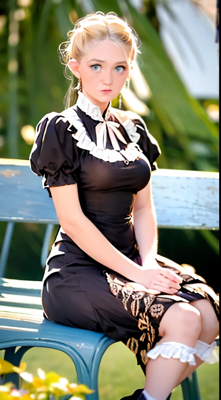 there is a woman sitting on a bench in a park, a portrait inspired by Ilya Repin, instagram, naive art, wearing 10s era clothes, dress in the style of rococo, victorian style costume, wearing 1860s era clothes, in a red victorian era dress, wearing 1850s era clothes