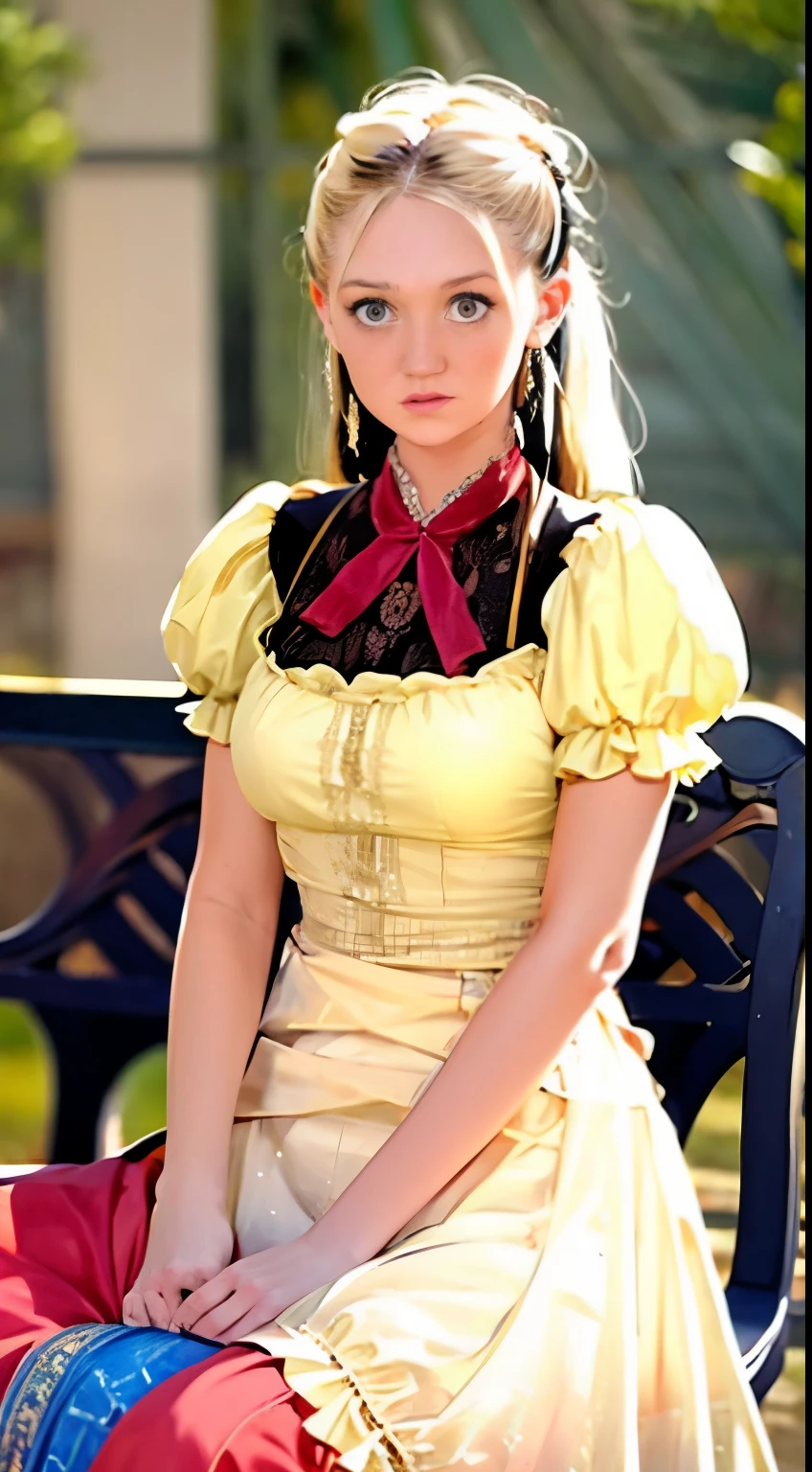 there is a woman sitting on a bench in a park, a portrait inspired by Ilya Repin, instagram, naive art, wearing 10s era clothes, dress in the style of rococo, victorian style costume, wearing 1860s era clothes, in a red victorian era dress, wearing 1850s era clothes