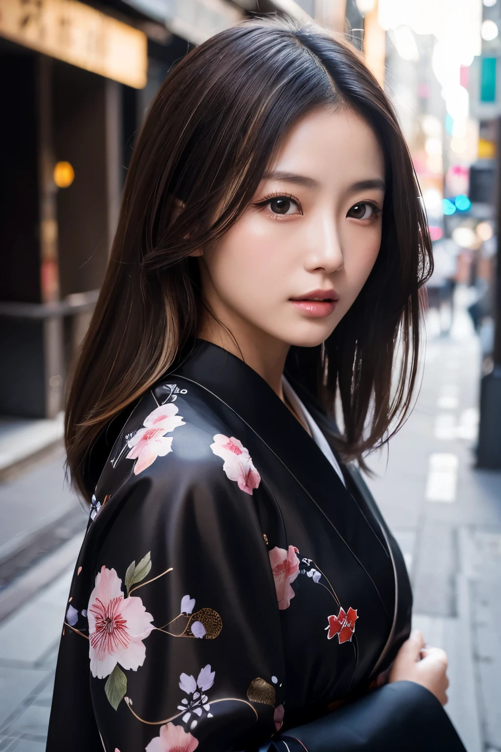 Beautiful Japanese supermodel woman, A lock of hair with slight highlights, black eyes, Sexy,street background,Gorgeous kimono , Liquid color flows across her face, Shooting against the light,Perfect facial lighting,mixed media
