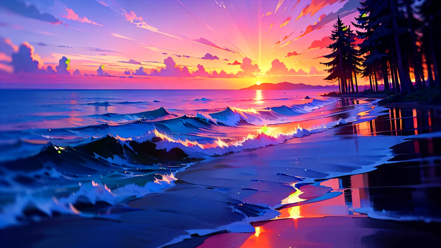 Animated sea in the middle of a quiet forest with a beautiful sunset, high quality, 4k