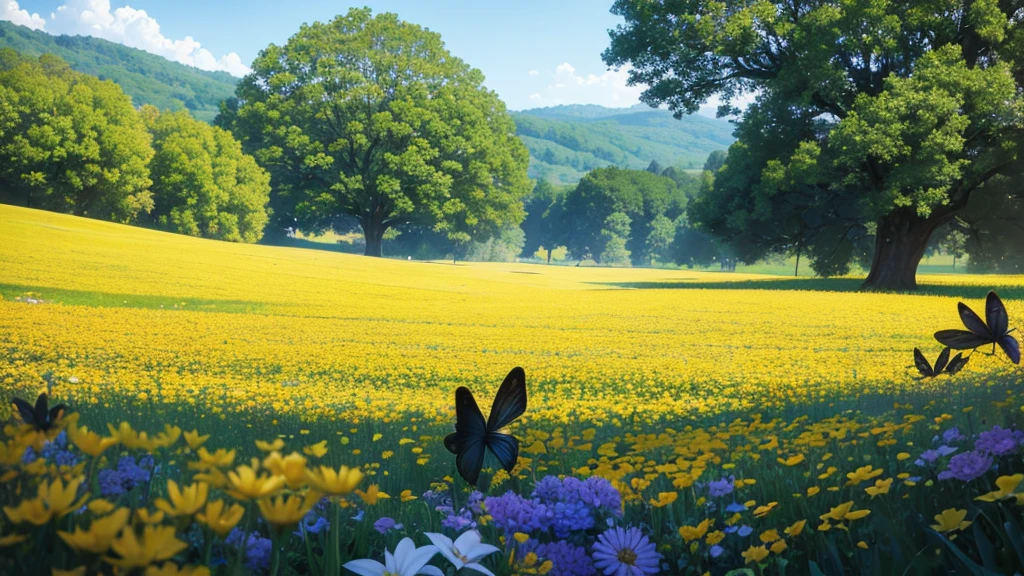 (ultra wide angle), A lovely field of flowers, steampunk robot bees flit between them pollinating them