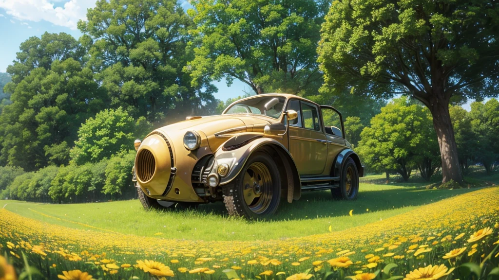 A lovely field of flowers, steampunk robot bees flit between them pollinating them