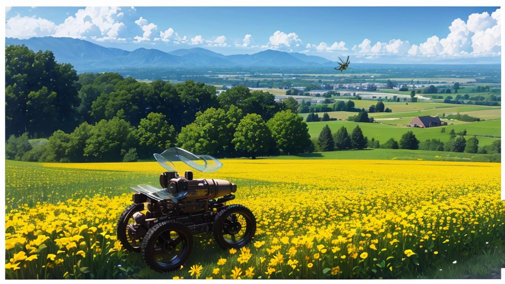 (ultra wide angle), A lovely field of flowers, steampunk robot bees flit between them pollinating them