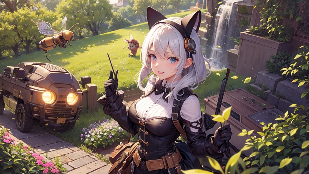 A lovely field of flowers, steampunk robot bees flit between them pollinating them