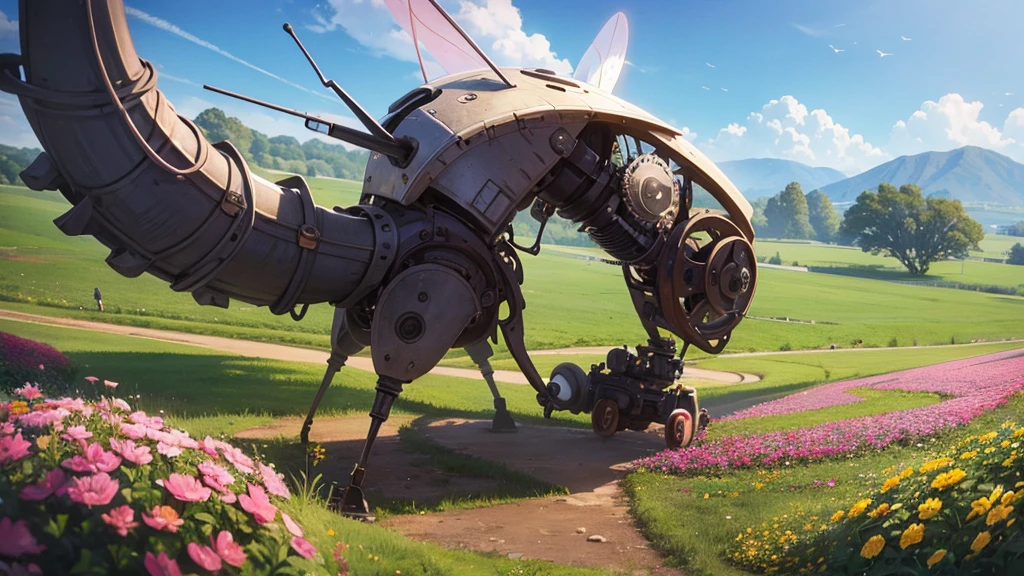 A lovely field of flowers, steampunk robot bees flit between them pollinating them