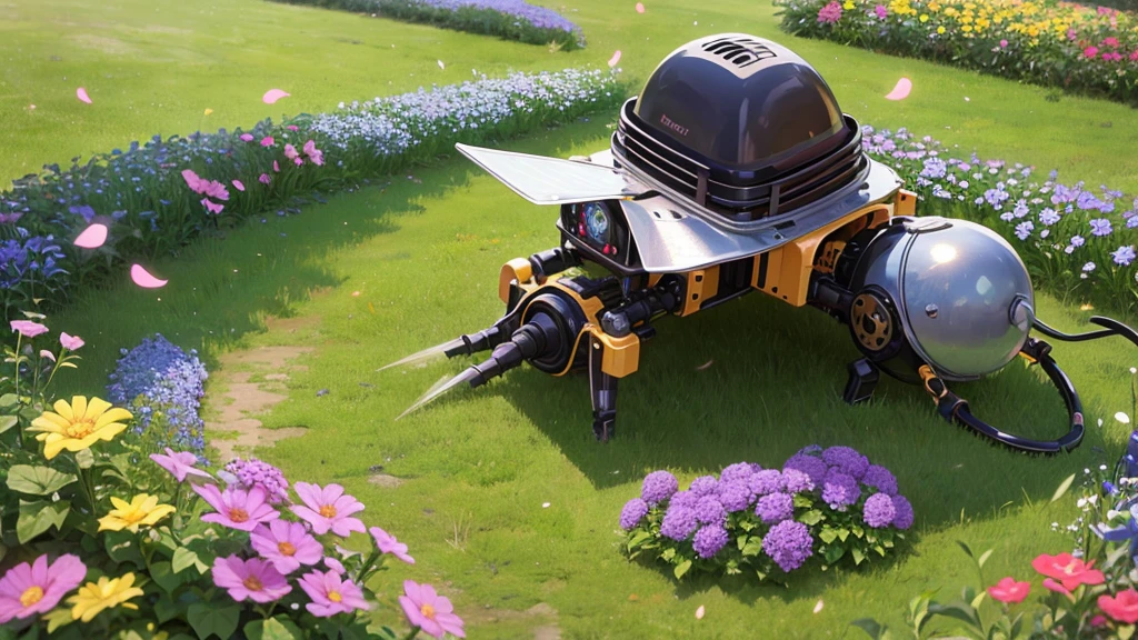 A lovely field of flowers, steampunk robot bees flit between them pollinating them