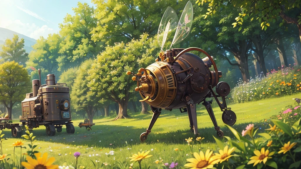 A lovely field of flowers, steampunk robot bees flit between them pollinating them