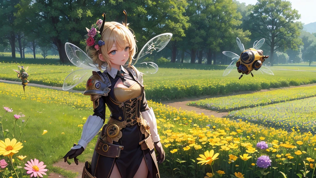 A lovely field of flowers, steampunk robot bees flit between them pollinating them