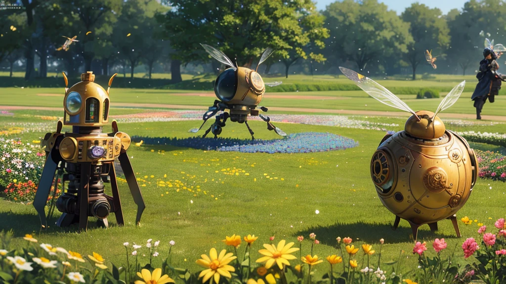 A lovely field of flowers, steampunk robot bees flit between them pollinating them