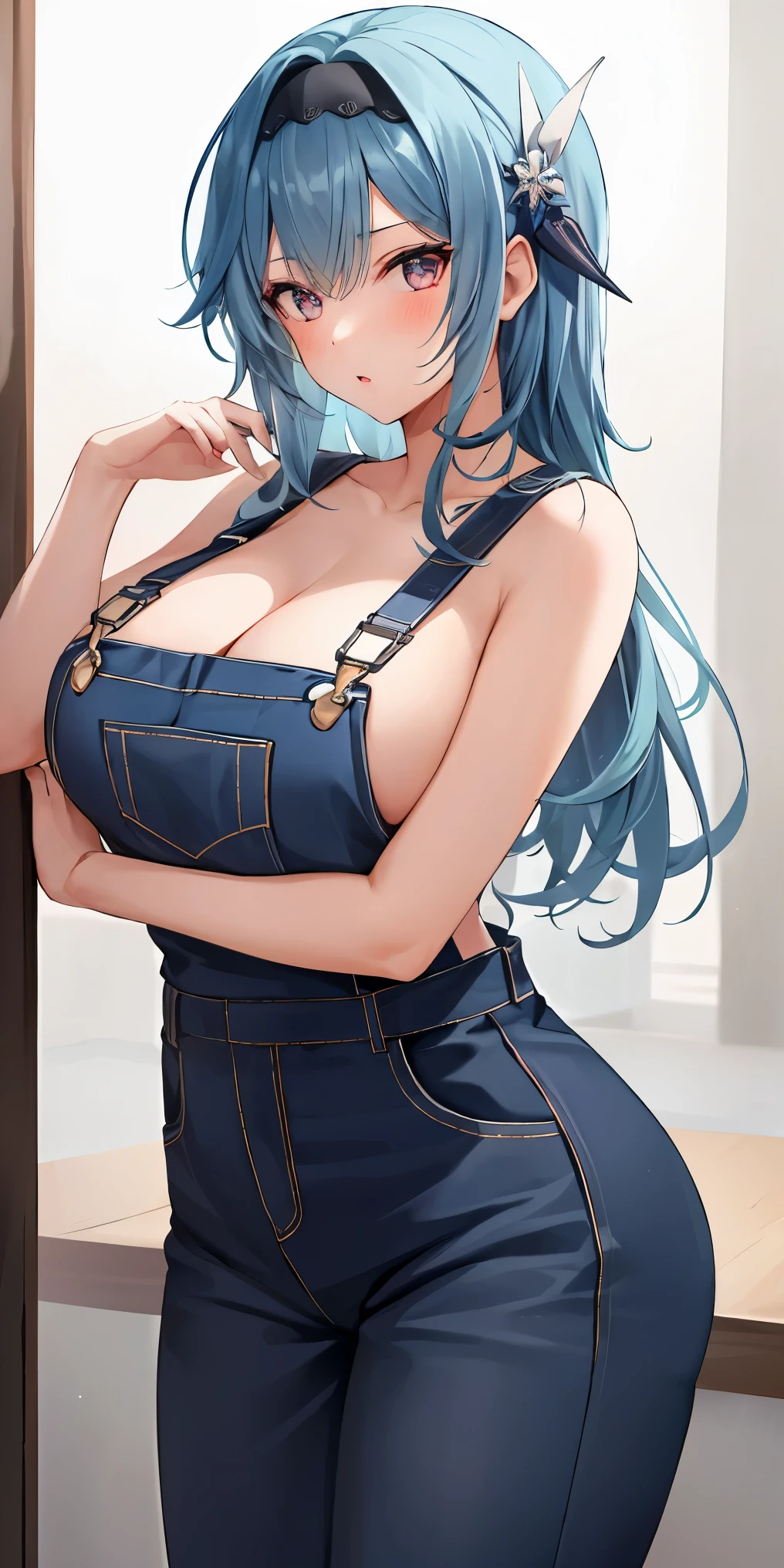 1girl, solo, large breasts, standing, naked, (overalls)