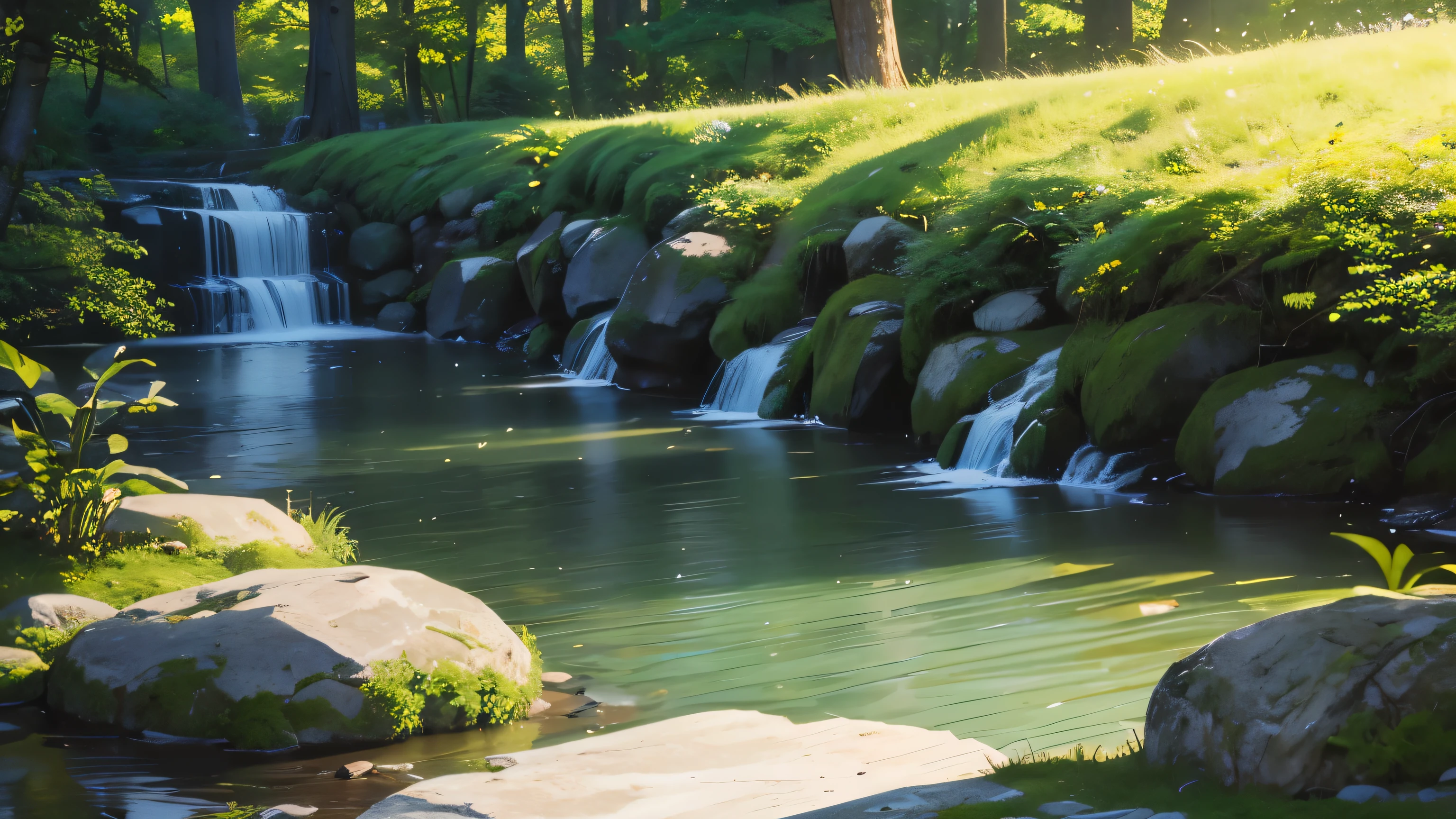I took a photo of a peaceful moment spent in nature..。wood々Imagine a peaceful landscape bathed in soft morning light.。.。a gentle meandering stream、Surrounded by lush greenery。In the foreground、a person sitting quietly on the shore々、do you meditate?、Perhaps they are simply soaking in the calmness of their surroundings.。The overall atmosphere is calm and connected to the natural world.、Highlights the beauty and serenity of outdoor moments。