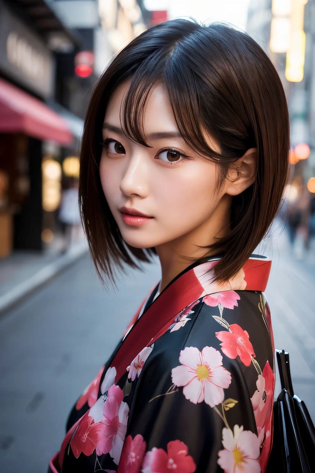 Beautiful Japanese supermodel woman, A lock of hair with slight highlights, black eyes, Sexy,street background,Gorgeous kimono , Liquid color flows across her face, Shooting against the light,Perfect facial lighting,mixed media