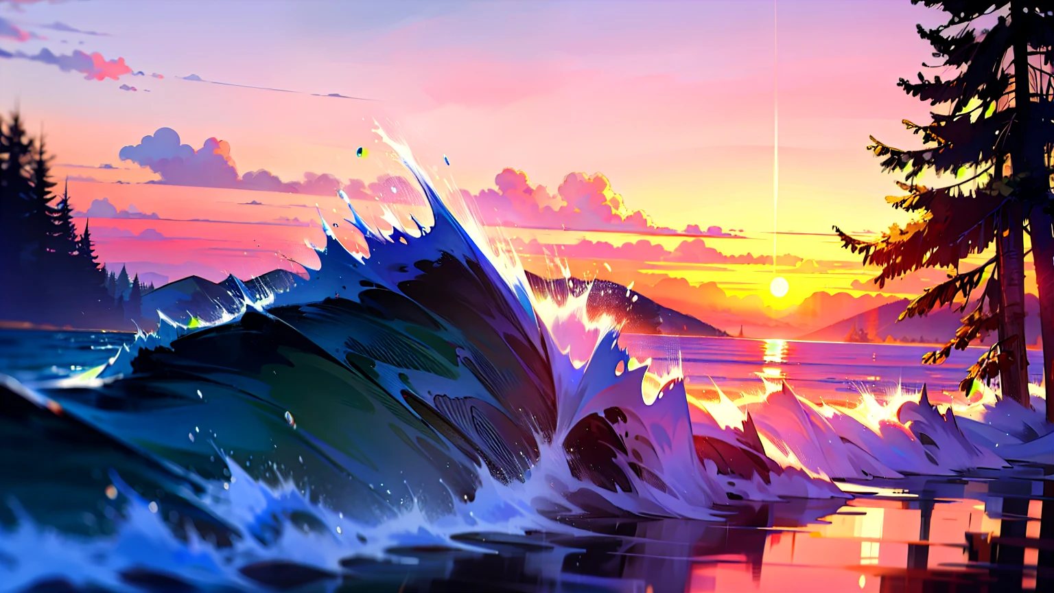 Animated sea in the middle of a quiet forest with a beautiful sunset, high quality, 4k