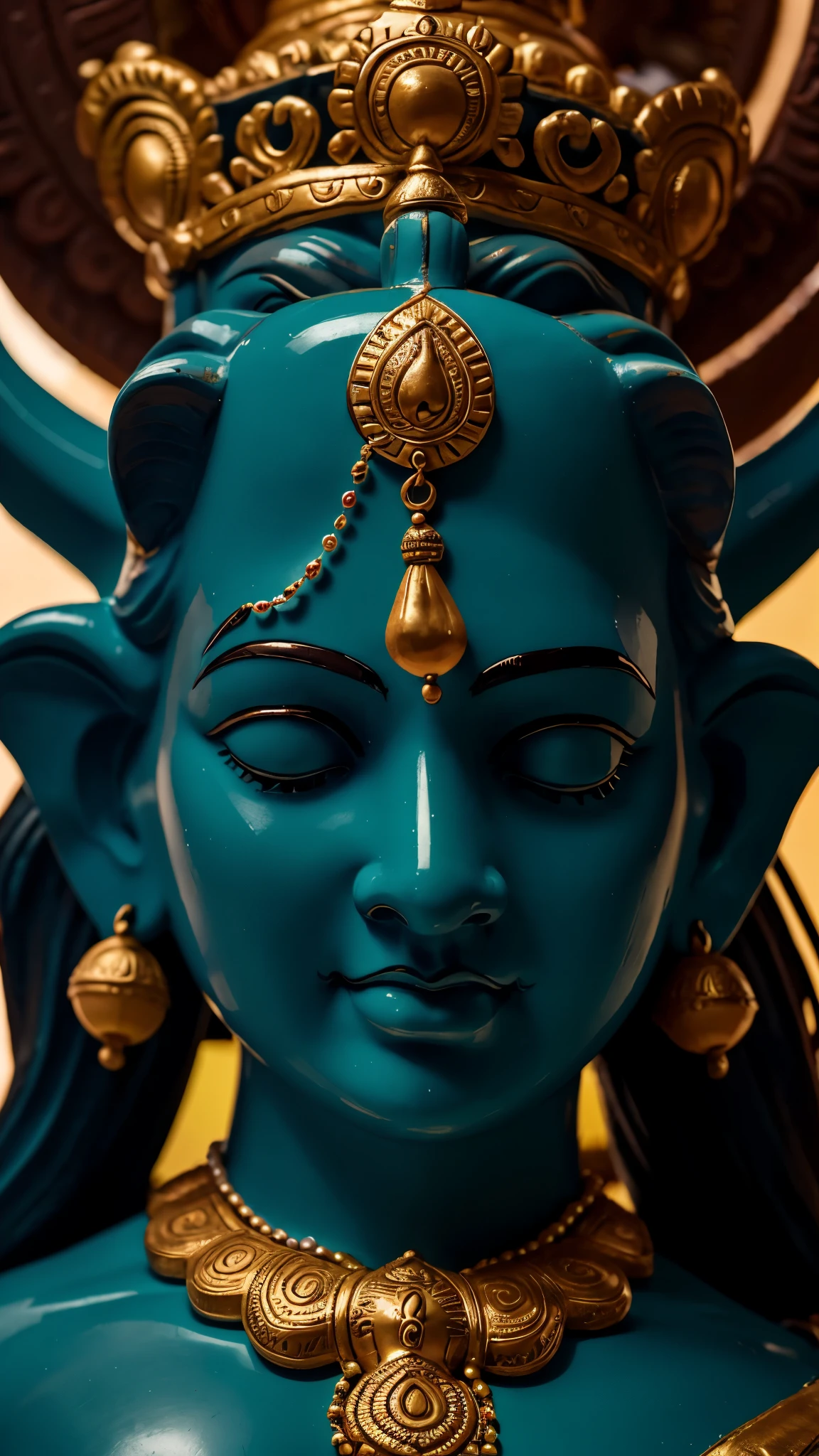 The picture shows a close-up of a statue of the Hindu god Ganesha. The statue is made of clay and is painted in bright colors. Ganesha is depicted with a large head and a long trunk. He is wearing a crown and a necklace of pearls. His eyes are open and he has a serene expression on his face. The background of the picture is a dark blue color.