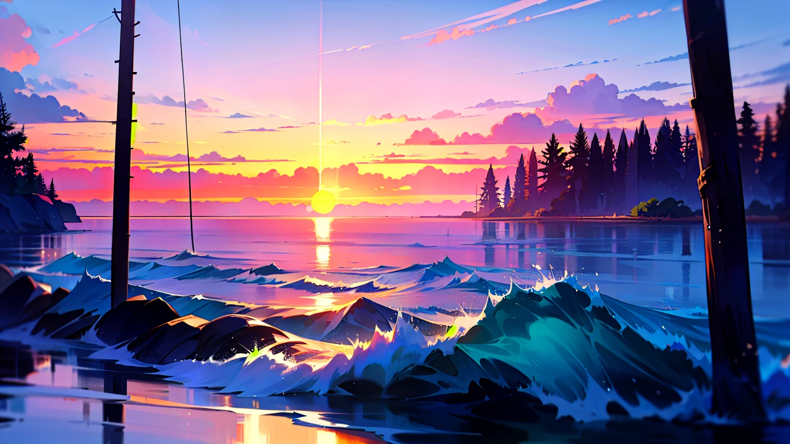 Animated sea in the middle of a quiet forest with a beautiful sunset, high quality, 4k  