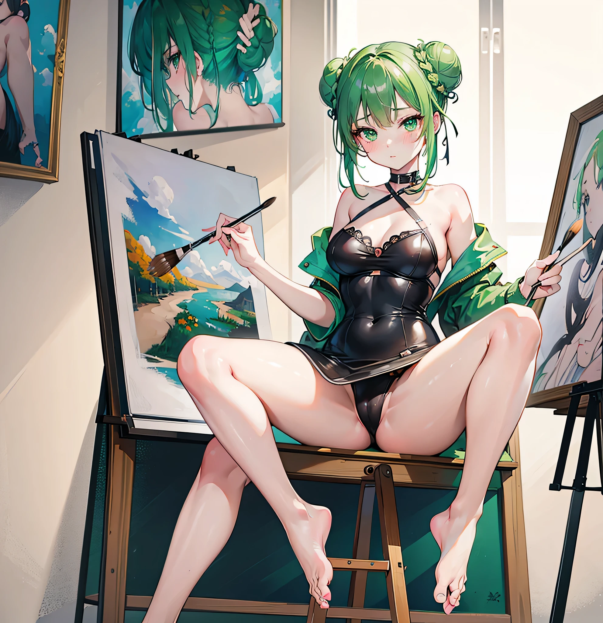  sexy woman, wearing provocative clothing, next to a painting easel sitting on a chair, striking a provocative pose, 1girl, barefoot, feet, solo, hair bun, paintbrush, green eyes, painting (object), toes, palette (object), green hair, holding, sitting, braid, soles, double bun, blush, canvas (object), holding paintbrush, easel