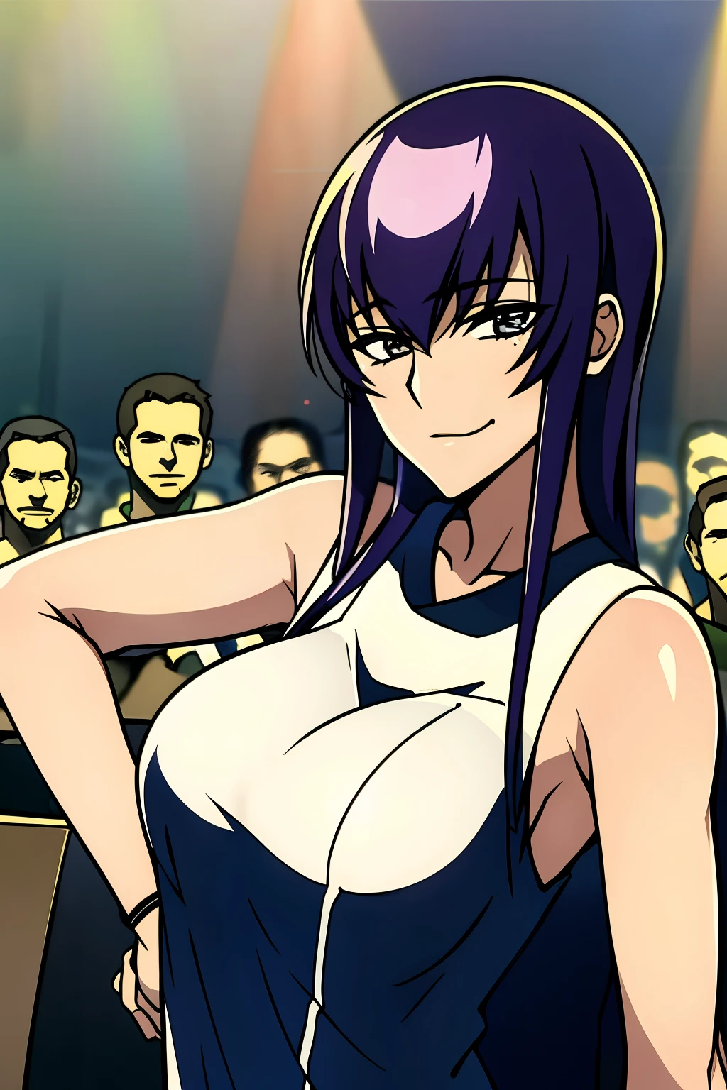 Una toma en solitario con Saeko Busujima un DJ, mostrando sus habilidades en los tocadiscos en una rave vibrante.