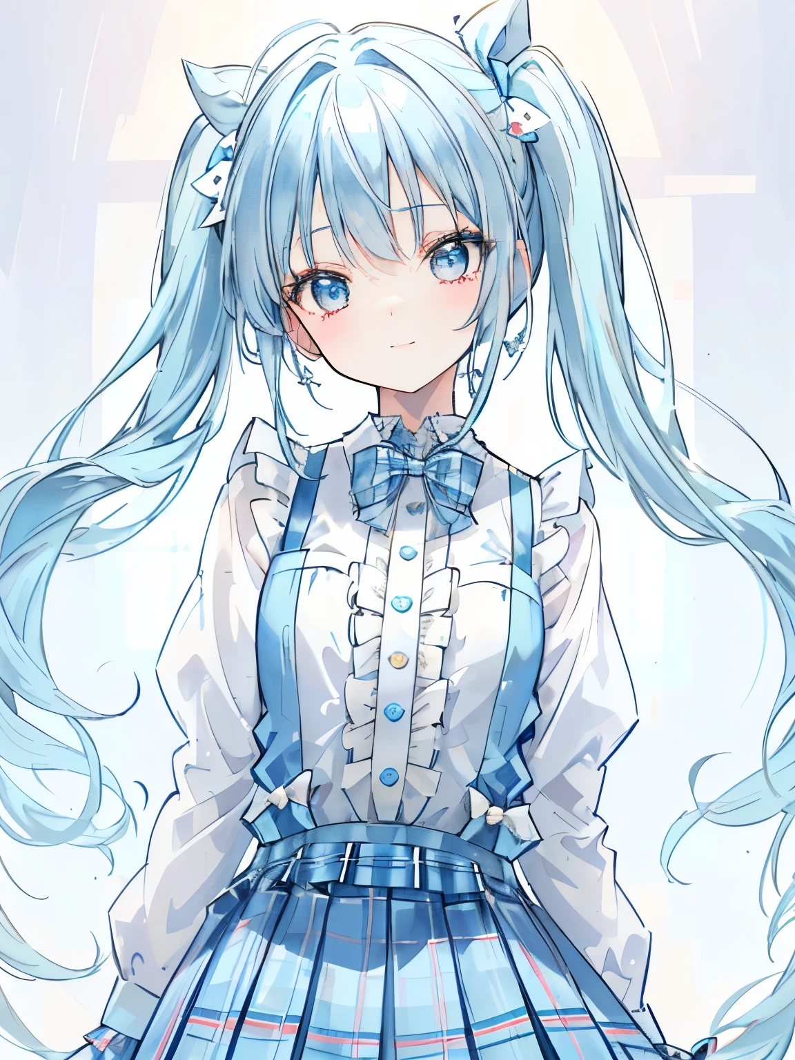 girl,light blue ribbon hair ornament,(light blue hair with twin tails),((break)),（dress:1.3),(plaid pleated skirt:1.2),((break)),,((Look at me with a slightly wider smile)),(cute pose),((break)),((focus on face)),((close up of face)),gentle design