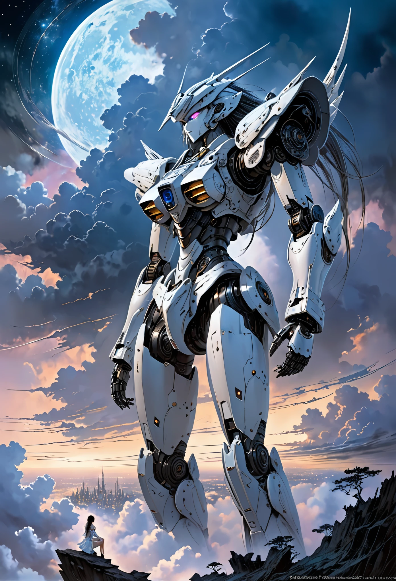 ((best quality)), ((masterpiece)), (detailed), giant mecha, horror beauty, perched on a cloud, (fantasy illustration:1.3), enchanting gaze, otherworldly charm, mystical sky, (Luis Royo:1.2), (Yoshitaka Amano:1.1), moonlit night, soft colors, (detailed cloudscape:1.3), (high-resolution:1.2)