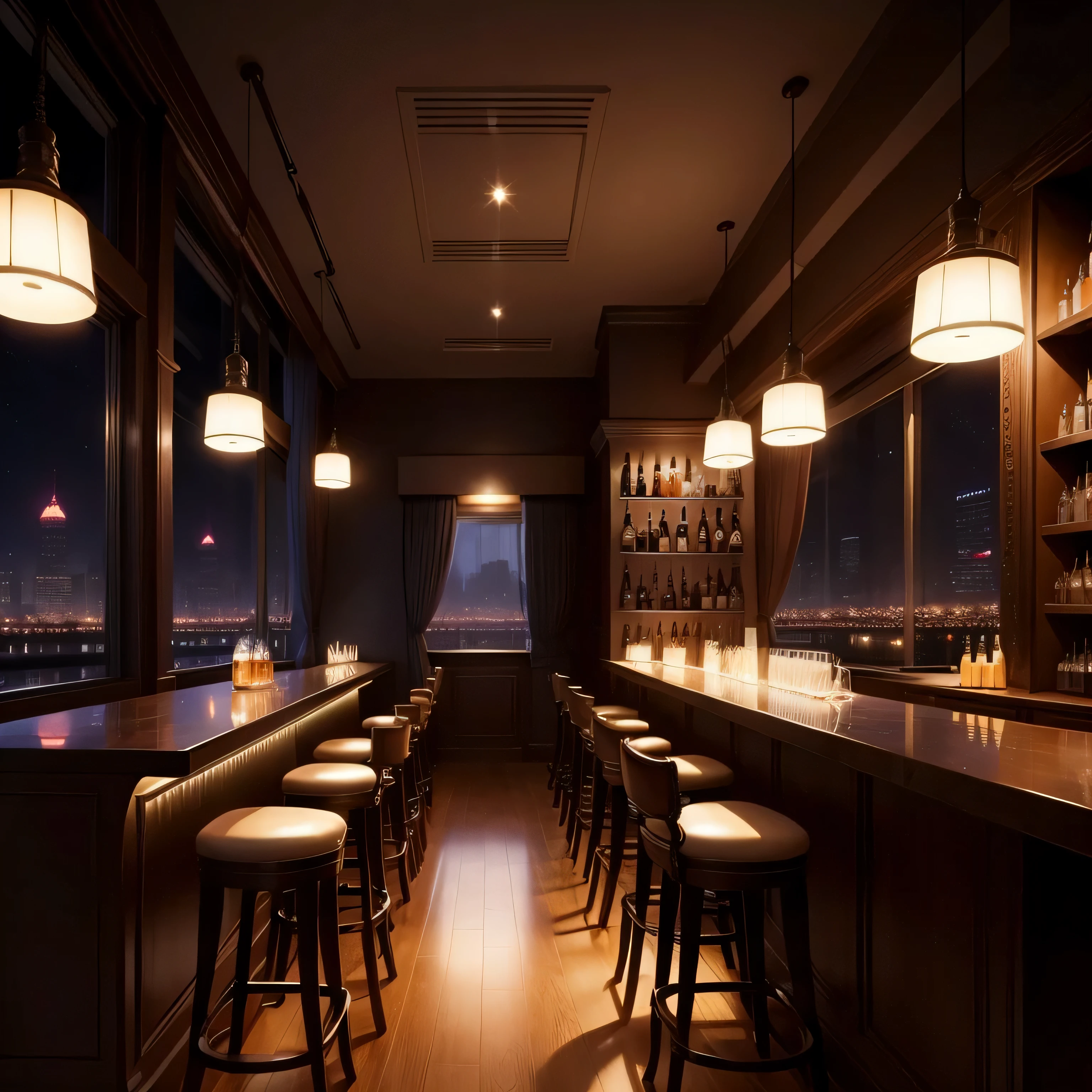 concept art, there are no humans, Elegant and modern night bar interior, drink bottles on the shelf, curtain, Large glass window on the side, City lights twinkling outside the window