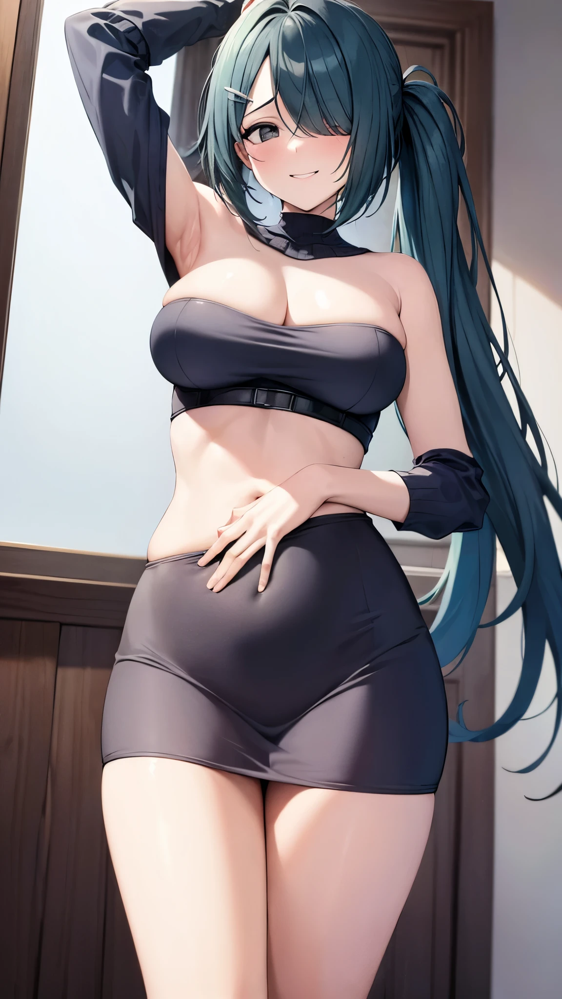 ((masterpiece)), ((best quality)), ((4K)), tall girl, pull up shirts, glimpse of belly button, naughty smile