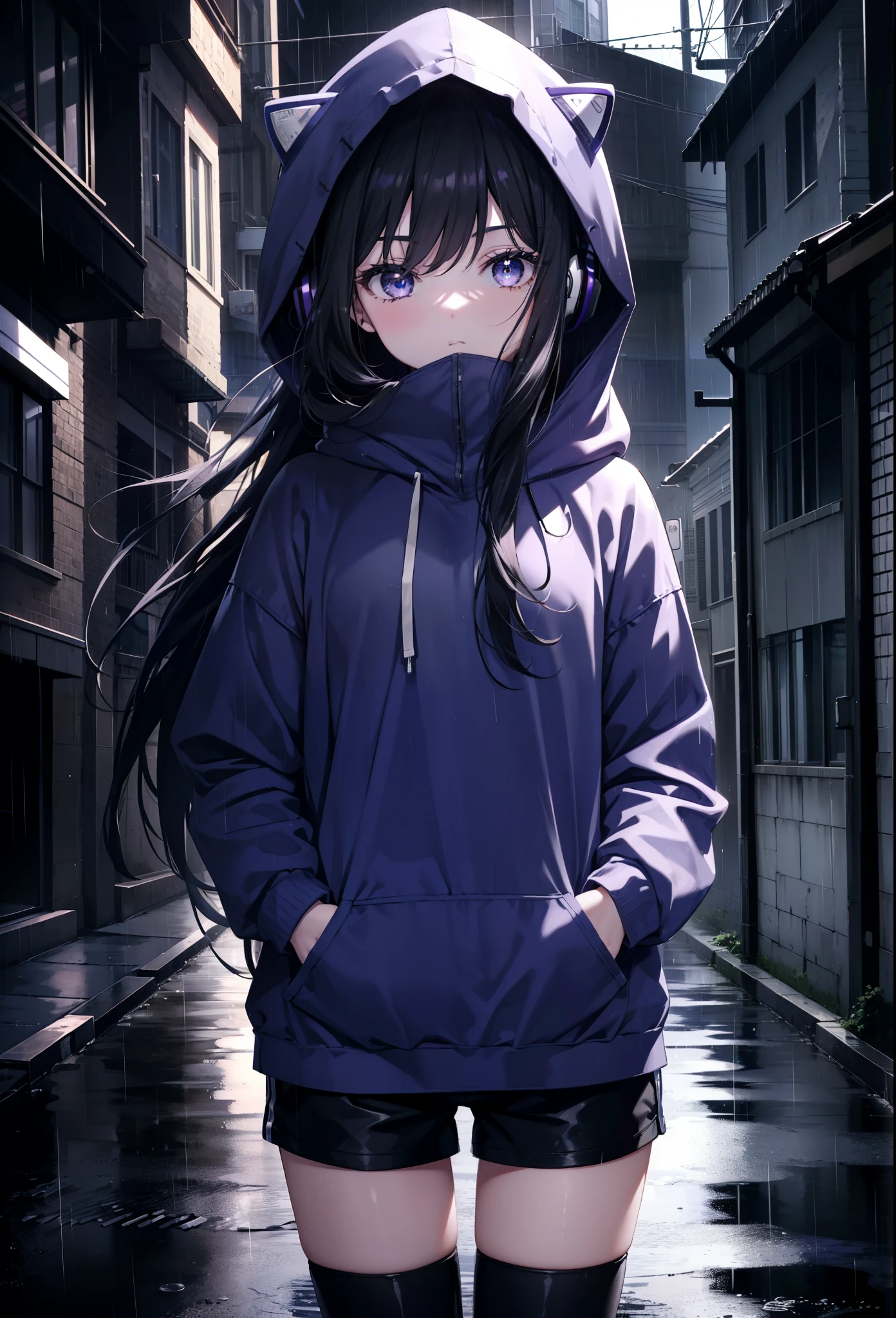 Takiuchi Kame, check it out, long hair, bangs, black hair, (purple eyes:1.2),oversized blue hoodie,hood up,Cover your mouth with a blue mask,shorts,headphones,　white tights,short boots,it&#39;s raining,cloudy sky,puddle,In town,building street,Both hands are in the pockets of the hoodie,
break looking at viewer, (cowboy shot:1.5),
break (masterpiece:1.2), highest quality, High resolution, unity 8k wallpaper, (figure:0.8), (detailed and beautiful eyes:1.6), highly detailed face, perfect lighting, Very detailed CG, (perfect hands, perfect anatomy),