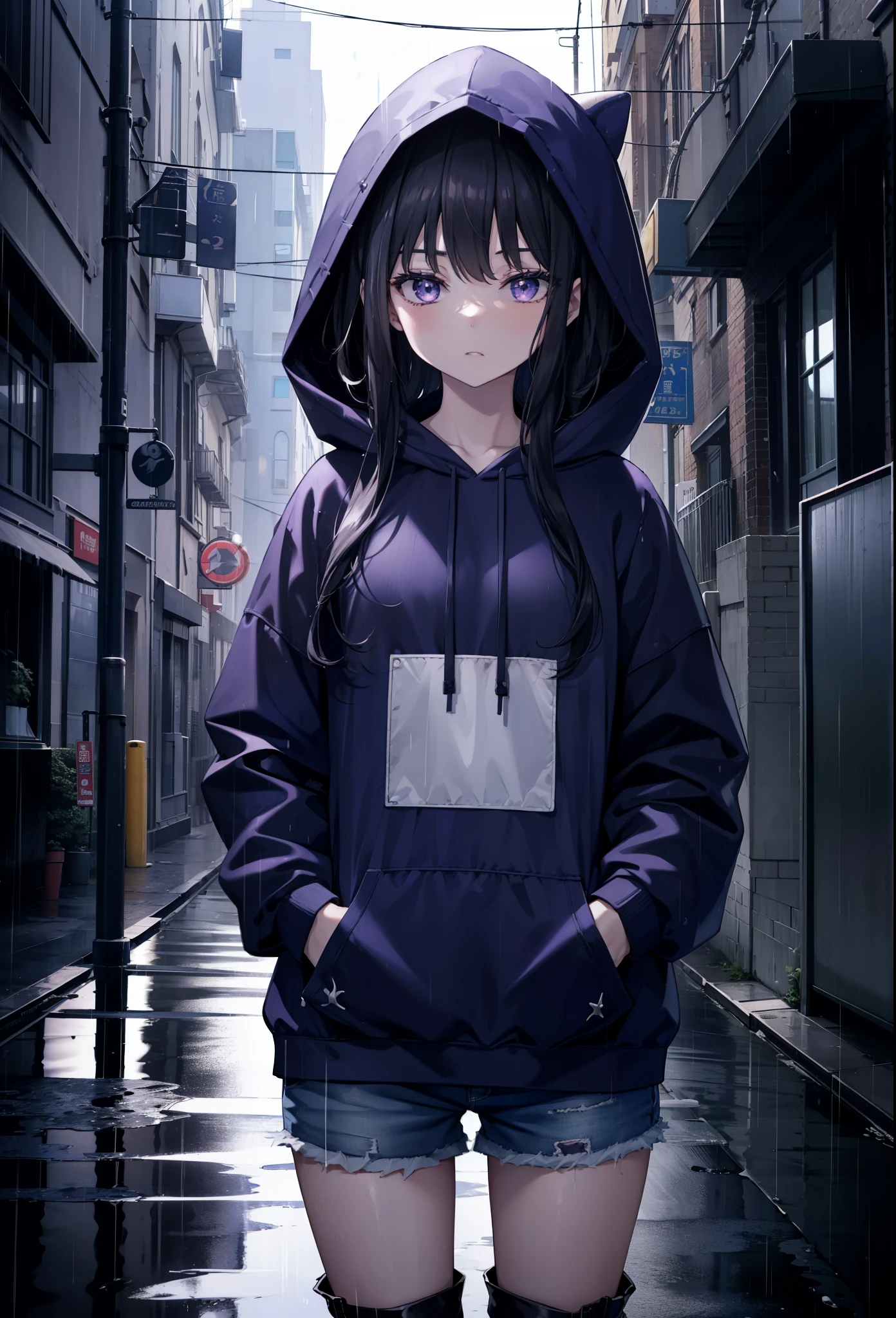 Takiuchi Kame, check it out, long hair, bangs, black hair, (purple eyes:1.2),oversized blue hoodie,hood up,Cover your mouth with a blue mask,shorts,headphones,　white tights,short boots,it&#39;s raining,cloudy sky,puddle,In town,building street,Both hands are in the pockets of the hoodie,
break looking at viewer, (cowboy shot:1.5),
break (masterpiece:1.2), highest quality, High resolution, unity 8k wallpaper, (figure:0.8), (detailed and beautiful eyes:1.6), highly detailed face, perfect lighting, Very detailed CG, (perfect hands, perfect anatomy),