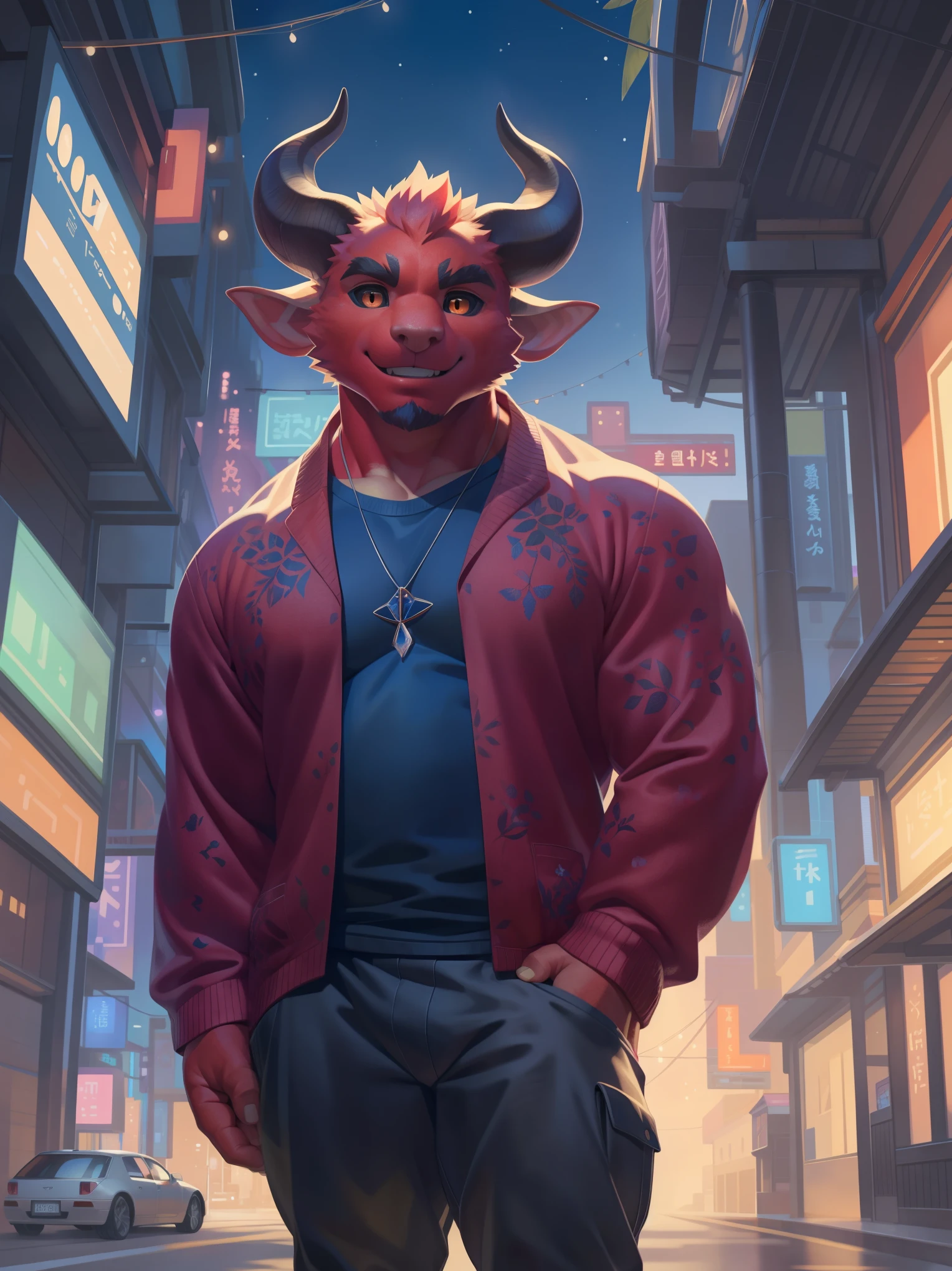 solo, anthro, furry, furry male, tiefling,((red body)), (tiefling print), black pupils, orange eyes, black sclera, ram horns, black horns, detailed tattoos fur, detailed face, detailed eyes, long sleeved shirt, sweater, small necklace, pants, sneakers, cyberpunk Streets, (by null-ghost,by raccoon21, masterpiece, high quality, hi-res, 8k, hd), standing,close-view portrait, looking at viewer, night, outdoors, happy expression
