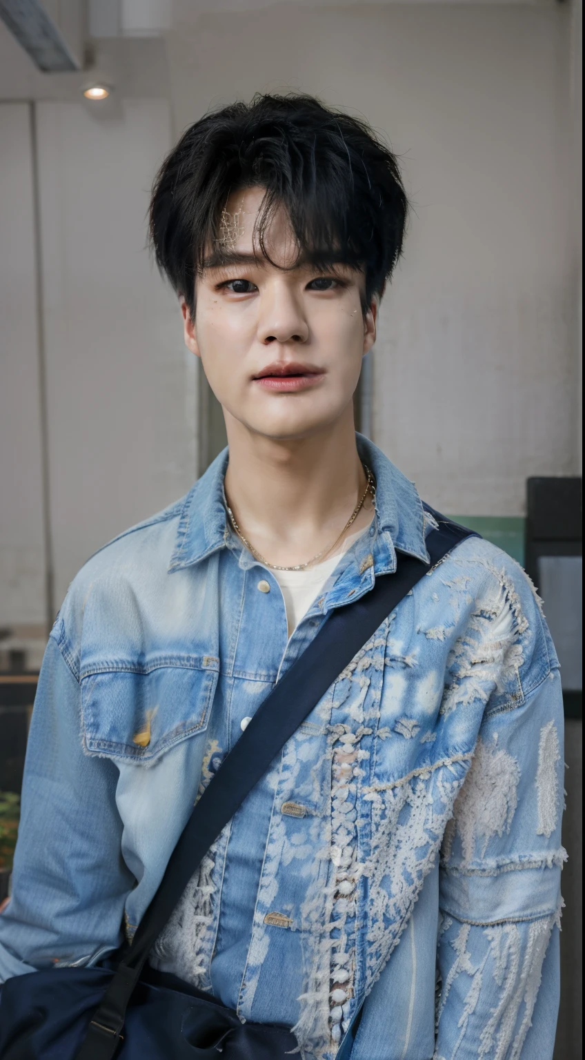 a close up of a person wearing a denim jacket and a bag, kim doyoung, jung jaehyun, park jimin, jimin, hyung tae, accurate jimin face, jimin\'s right eyelid swollen, jimin\'s plump lips, portrait of jossi of blackpink, jinyoung shin, taejune kim, jimin\'s grecian nose, jossi of blackpink