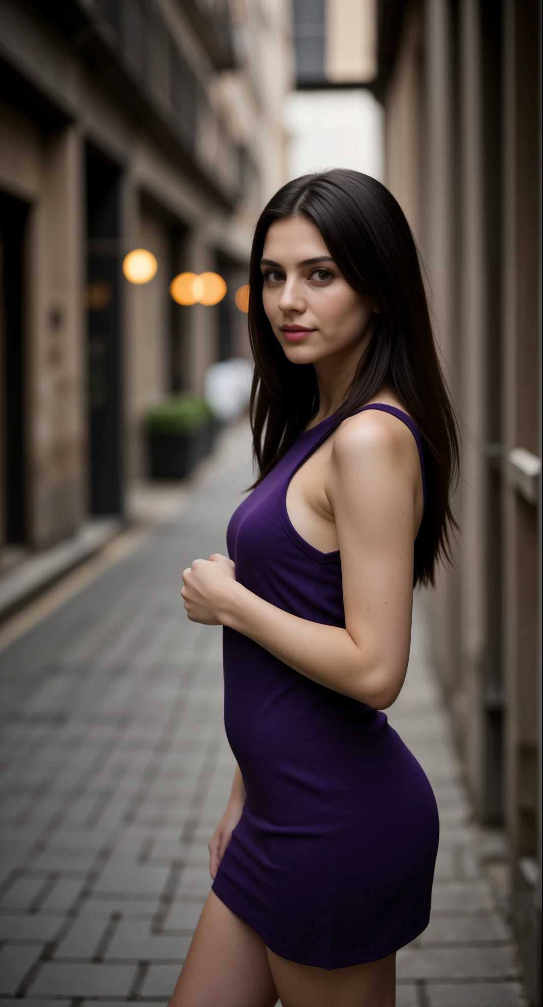 es, cuerda alrededor del cuello, sin tirantes, Vestido morado, vestido largo, hendidura lateral, (ojos detallados:0.8), (labios detallados:0.8), realista, extremely photogenic girl, rubor, Figura de reloj de arena, (photorealista:1.2), (extremely soft lighting, 8K, alta calidad, filmada con Fujifilm X-T4, 85 mm f1.2, profundidad de campo), Piel texturizada, (in a dark alley:0.9)