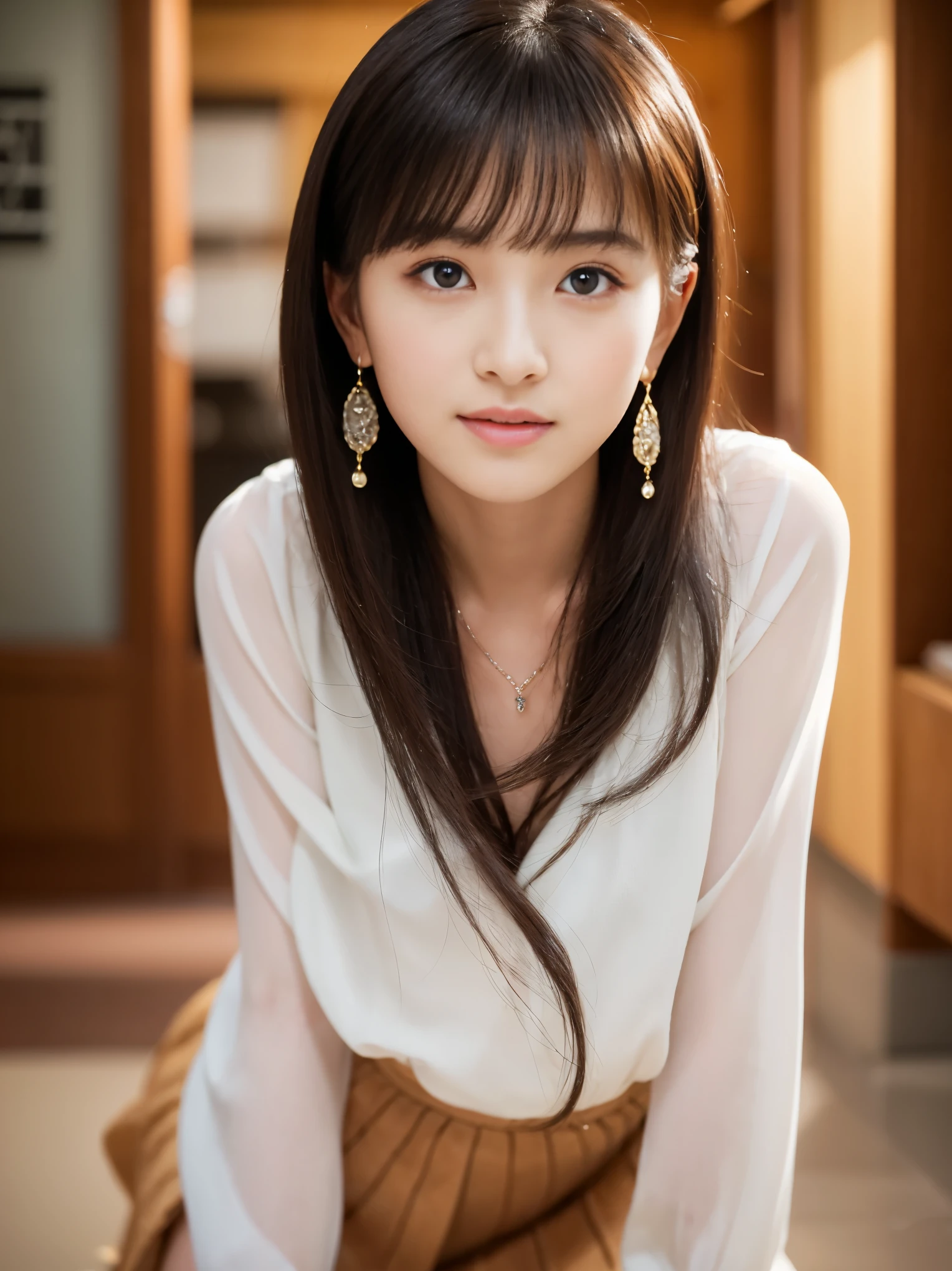 (((32k,very high resolution, high detail, very accurate,masterpiece girl 1))),Raw photo & realistic atmosphere,beautiful dark blue eyes,detailed mouth,glossy lips,thin eyebrows,Soft white skin that shines in every detail,,fine eyes、sheの深い青色の目はとても美しいです,lip details、very beautiful face,very well-shaped face、lifelike face,shining beautiful lips,beautiful eyebrows,infinite reality,best design,（A very cute and naive Japanese 17 year old high school girl.,toned body,thighs,thin legs,Beautifully shaped breasts,she&#39;She&#39;s a very cute girl,：1.5）,best natural makeup,Japanese ID card,korean idol,Young sensual idols,Moist eyes,dark beautiful eyes,beautiful butt,美しいfeet,,camel&#39;feet,：1.3),ultra high resolution、,natural and realistic face,Backlight,Her pure eyes are too cute,(((photorealism,Take a full body photo))),,real live action,（stylish looking earrings,,necklace,bracelet,gyuru,shiny nail art,girly clothes装,,girly clothes,Dress up elegantly like a maiden,tailored jacket,Elegant beautiful skirt,Cute fashionable girl,Light brown soft permed medium hair,alone,,chew a little,Full body Esbian：1.7）,Shibuya night（looked back：1.5）