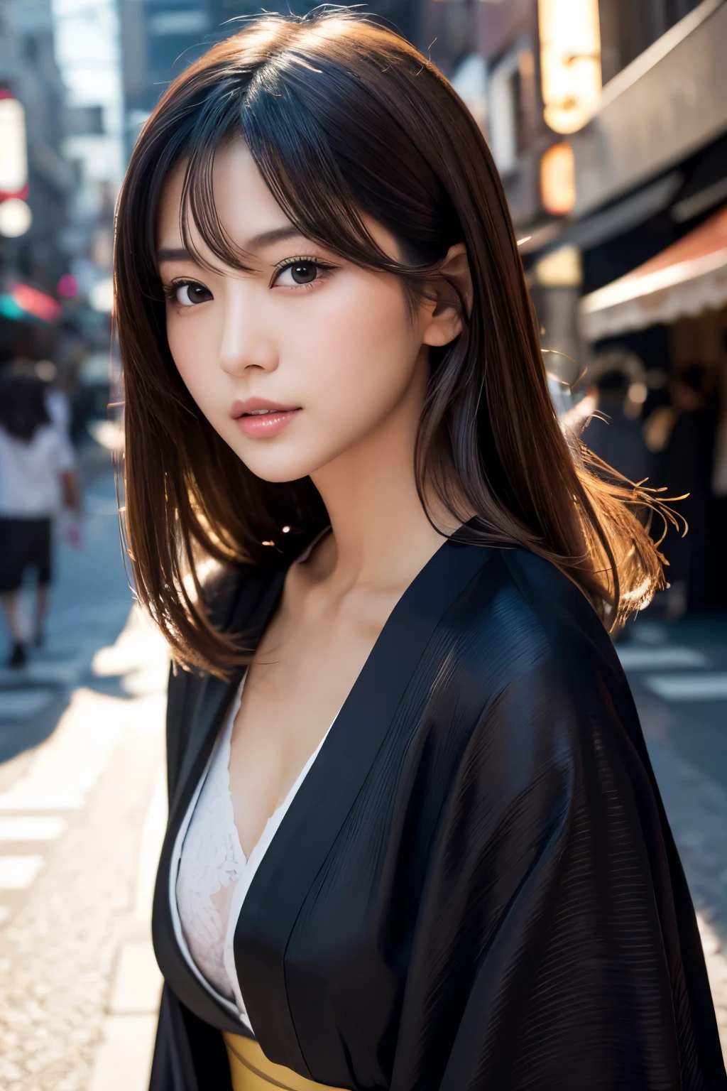 Beautiful Japanese supermodel woman, A lock of hair with slight highlights, black eyes, Sexy,street background,Gorgeous kimono , Liquid color flows across her face, Shooting against the light,Perfect facial lighting,mixed media