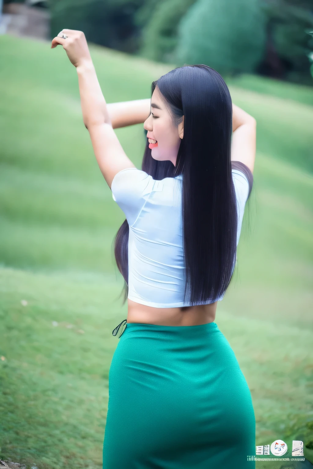 Half body portrait, 8k , plae skin asian ( korea+ Burmese)mixed girl ,acmm ss outfit, wearing acmm top, full white acmm top, short sleeves, buttons, wearing acmm long skirt, full green with printed acmm long skirt ; view from behind