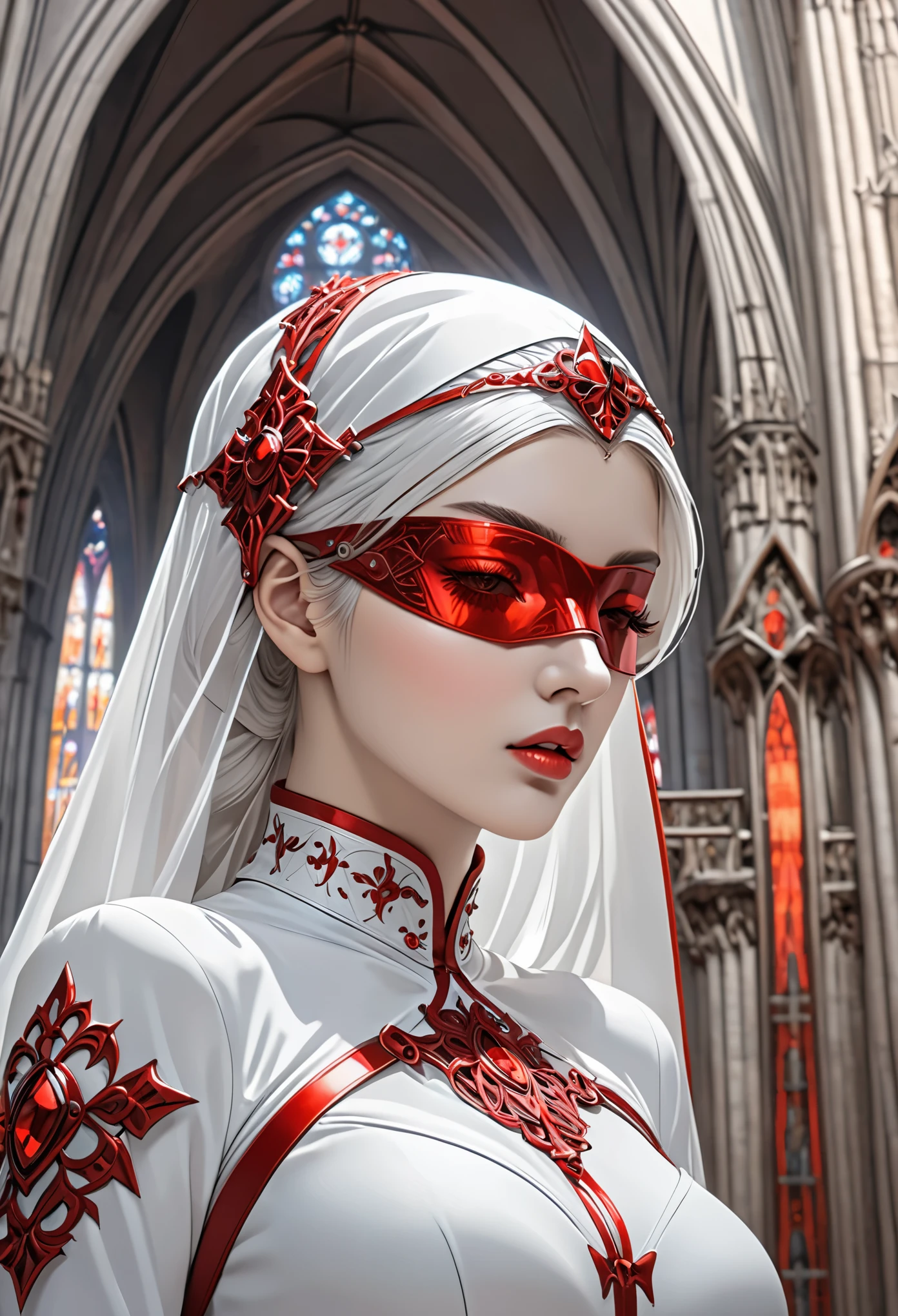 the goddess by shadrach jaroshelev, in the style of gothic futurism, dark white and light red, hyper-detailed illustrations, uhd image, Gorgeous costume details, intricate costumes, (cathedral:1.6)(beautiful and clear background:1.4),
(Transparent blindfold:1.1),  (coif:1.3),
 