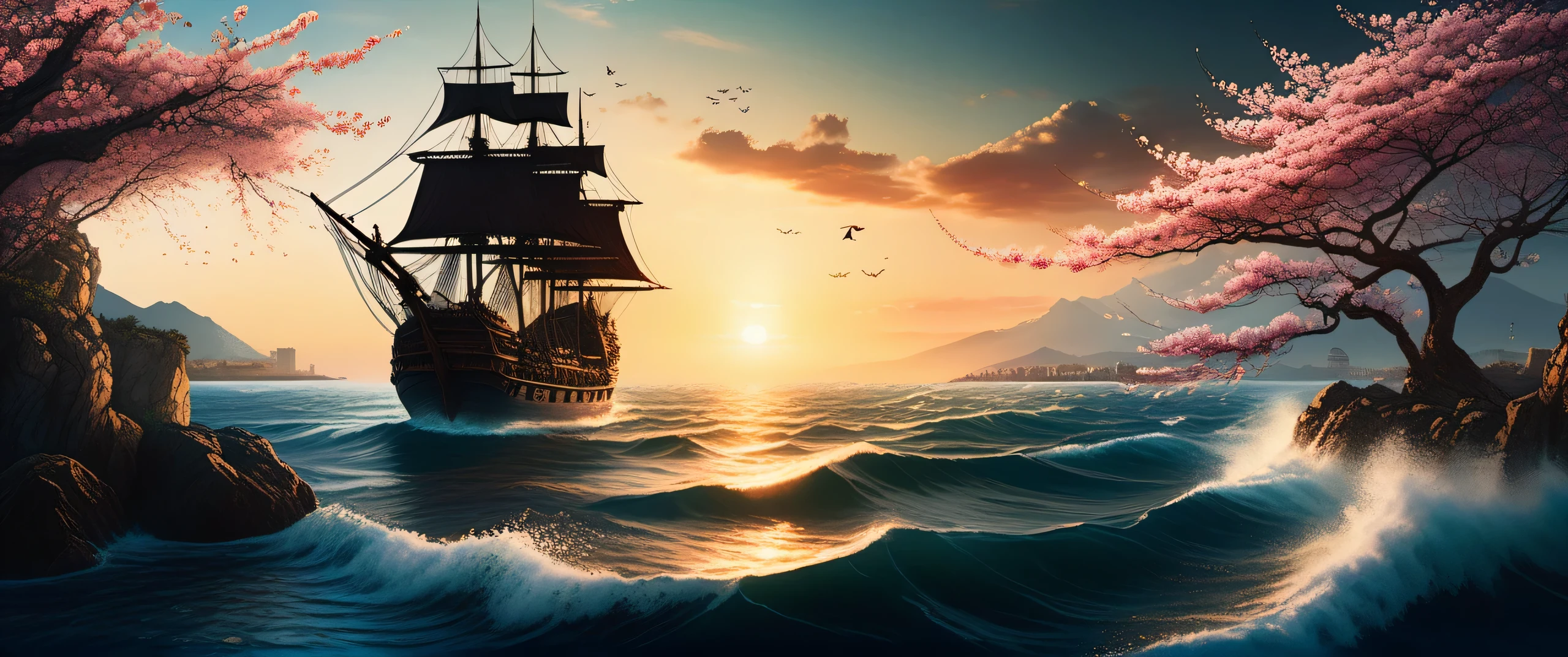 ultra wide angle illustration, (((fantasy myth world legend:1.3))), Depicts detailed galleons and vast sea battles.。, spectacular atmosphere majestic fantasy, The essence of myth: fear and intimidation, beautiful sunset and cherry blossoms, A city sunken in the sea, Beautiful details shine, spectacular atmosphere, epic fantasy school, essence beauty aesthetics, Ultra realistic soft log shadow, intricate details, thin brush artwork, (((very fine detailed brush strokes:1.3))), Elaborate portraits and elaborate cherry blossoms, high contrast, tonal contrast, Stunning detailed rendering, deep and majestic contrast, It is drawn with very beautiful and precise dots.,
